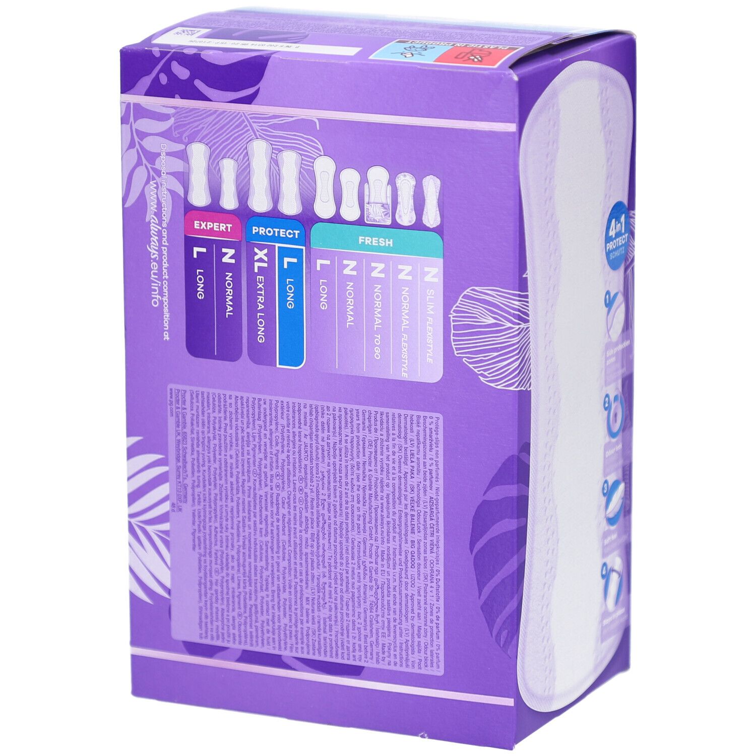 Rückseite der Always-Verpackung. Zeigt verschiedene Slipeinlagen-Typen und Größen. Enthält Produktinformationen.