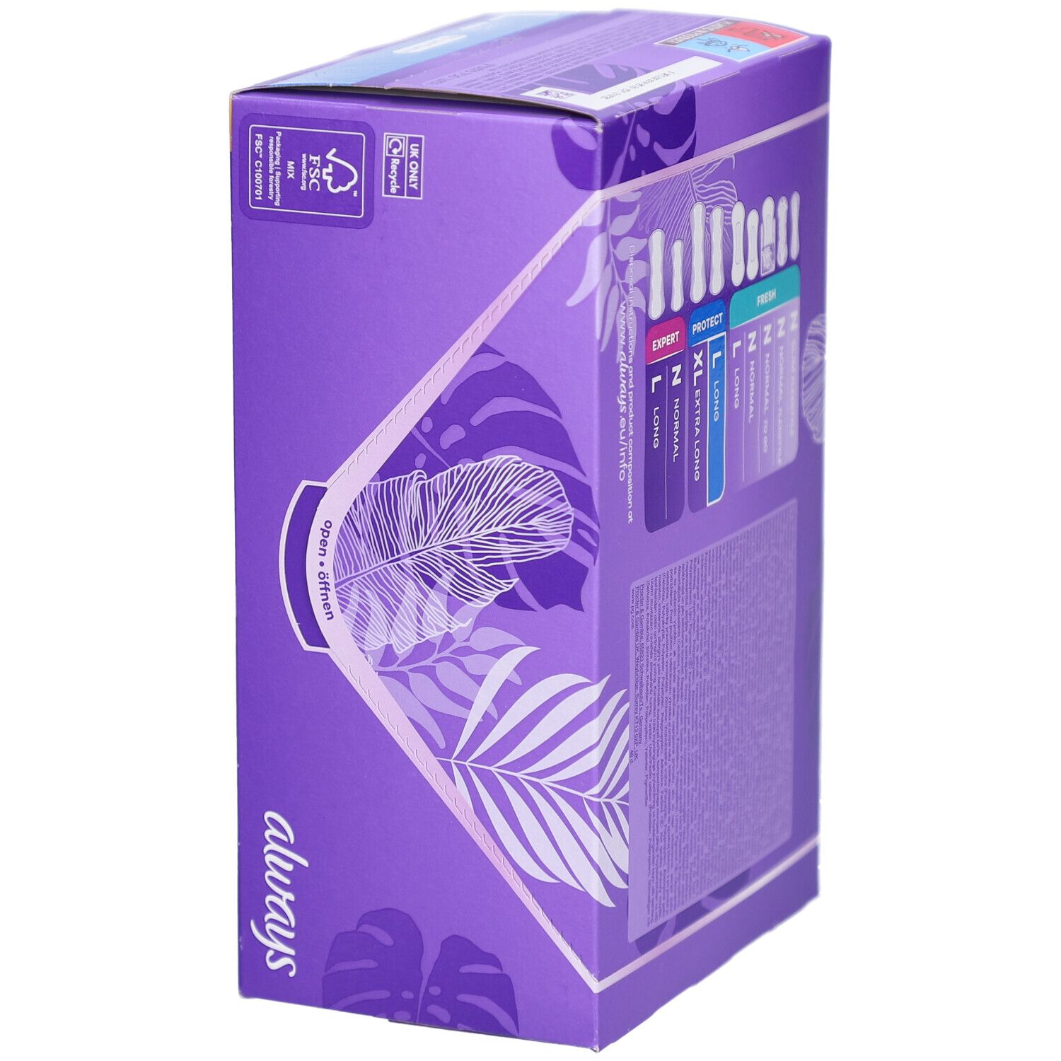 Lila Always-Verpackung. Zeigt verschiedene Slipeinlagen-Typen und Größen. Enthält Produktinformationen und Logo.