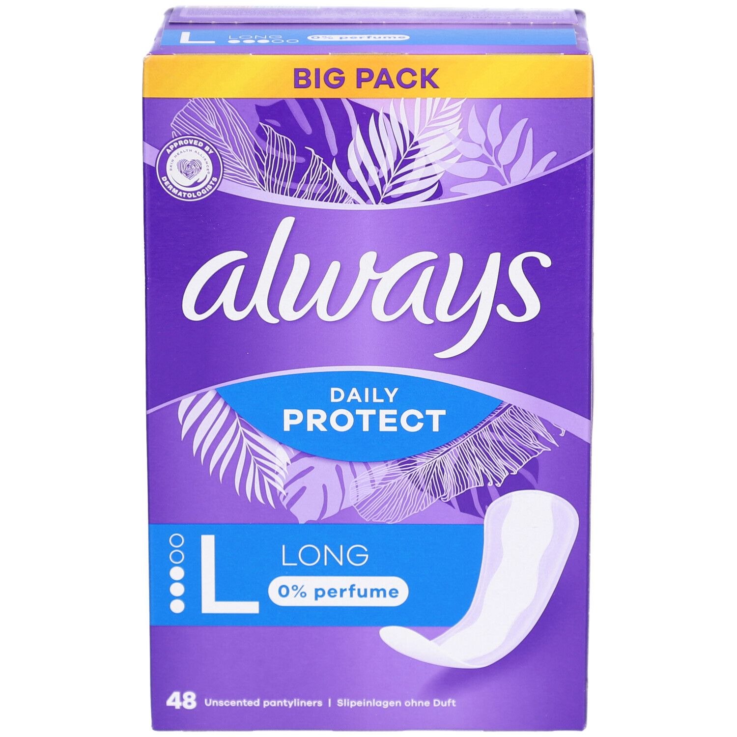Always-Verpackung mit Daily Protect Long Slipeinlagen. Lila Karton mit weißem Always-Schriftzug. "Big Pack" ist sichtbar.