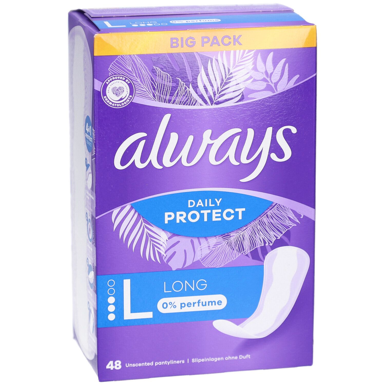 Always-Verpackung mit Daily Protect Long Slipeinlagen. Lila Karton mit weißem Always-Schriftzug. "Big Pack" ist sichtbar.