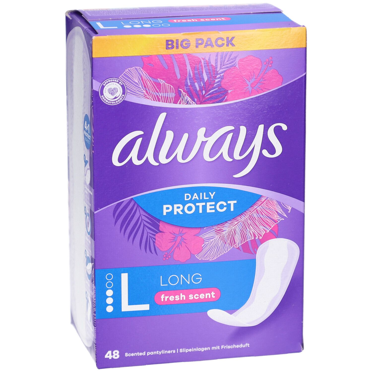 Always Daily Protect-Verpackung. Lila Schachtel mit Always-Logo, Produktname und Long-Slip. Aufschrift: Big Pack. 48 Stück.