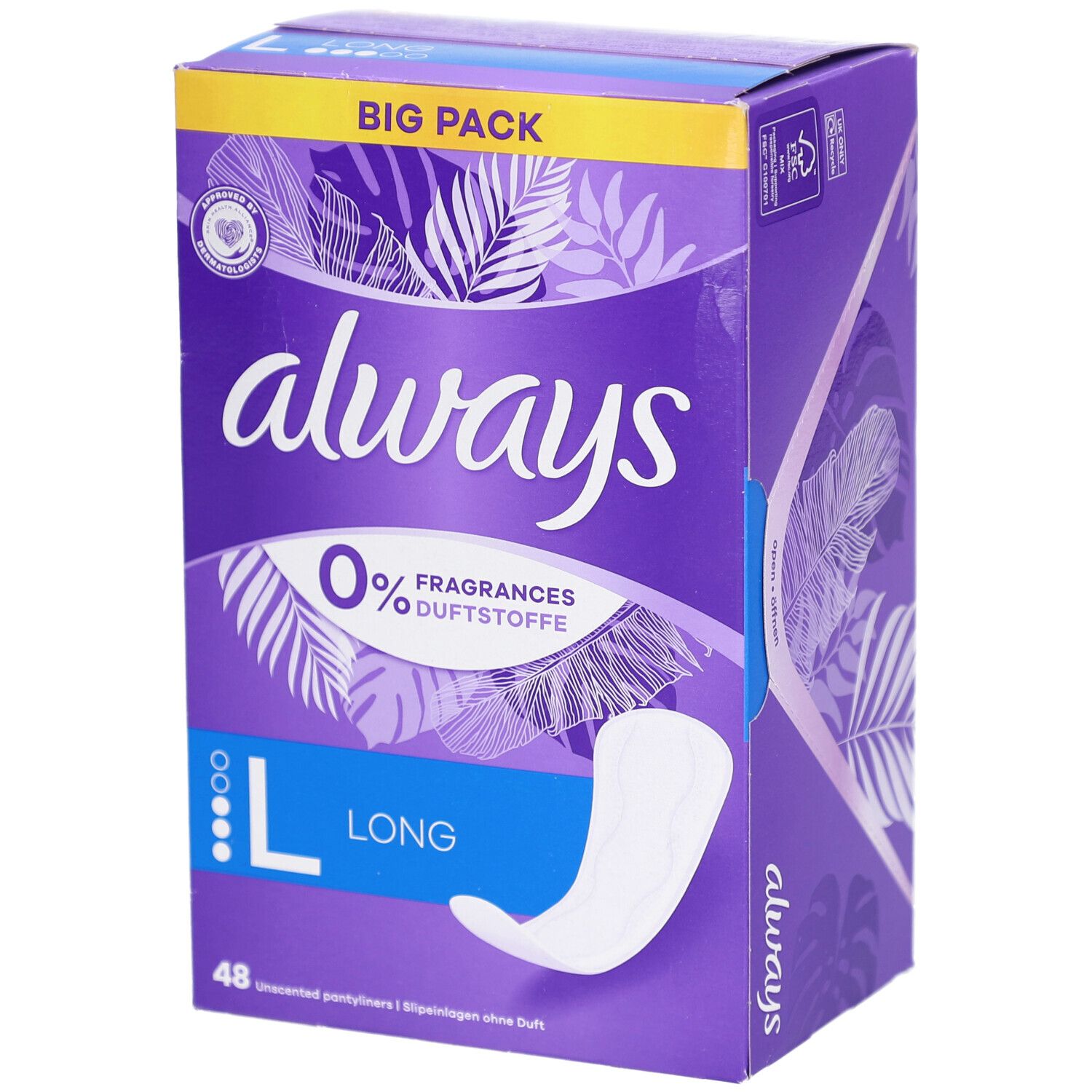 Verpackung mit Always Protect Protège-slips Long L. Lila Box mit Always-Logo, 0% Duftstoffe, und Produktabbildung.