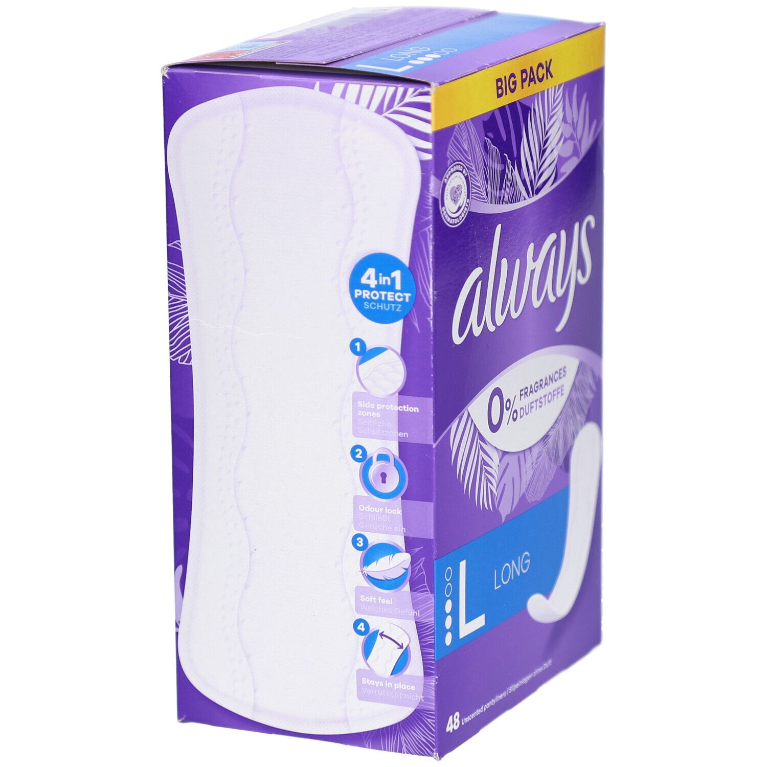 Always Protect Protège-slips Long L Verpackung. Zeigt 4-in-1 Schutz, Produktabbildung und Always-Logo. Lila Box.