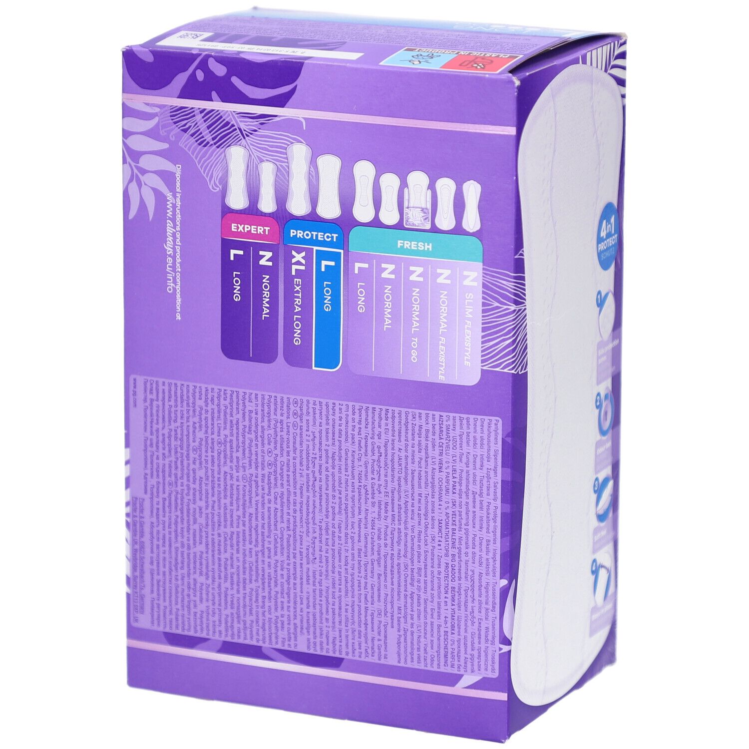 Rückseite der Always Protect Protège-slips Long L Verpackung. Zeigt Produktgrößen, Informationen und Always-Logo.