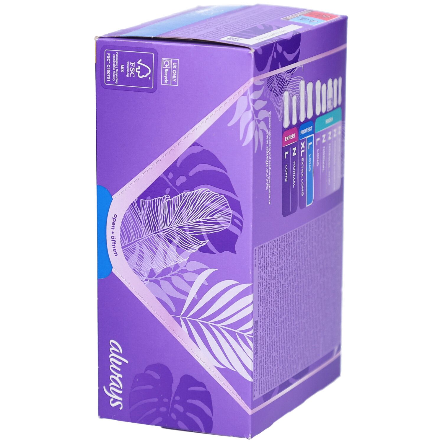 Seitenansicht der Always Protect Protège-slips Long L Verpackung. Lila Box mit Always-Logo und Produktinformationen.