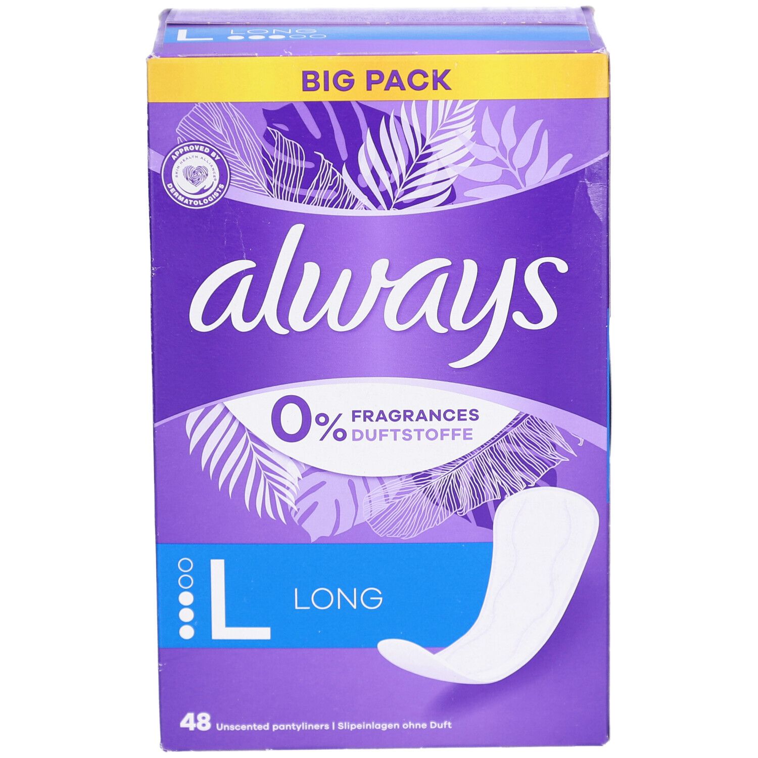Always Protect Protège-slips Long L Verpackung. Lila Box mit Always-Logo, 0% Duftstoffe, und Produktabbildung.