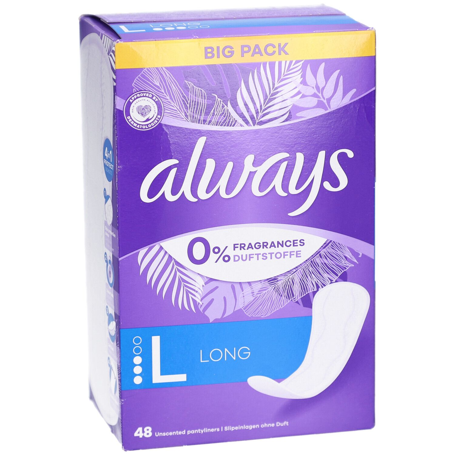 Always Protect Protège-slips Long L Verpackung. Lila Box mit Always-Logo, 0% Duftstoffe, und Produktabbildung.