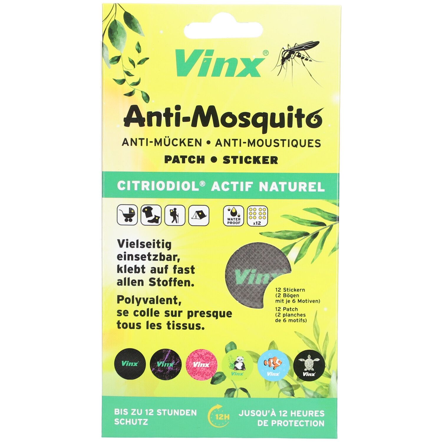 Verpackung mit VINX Anti-Mücken-Sticker. Gelbe Vorderseite mit Produktname, Inhaltsstoffen und Piktogrammen. 12 Sticker.