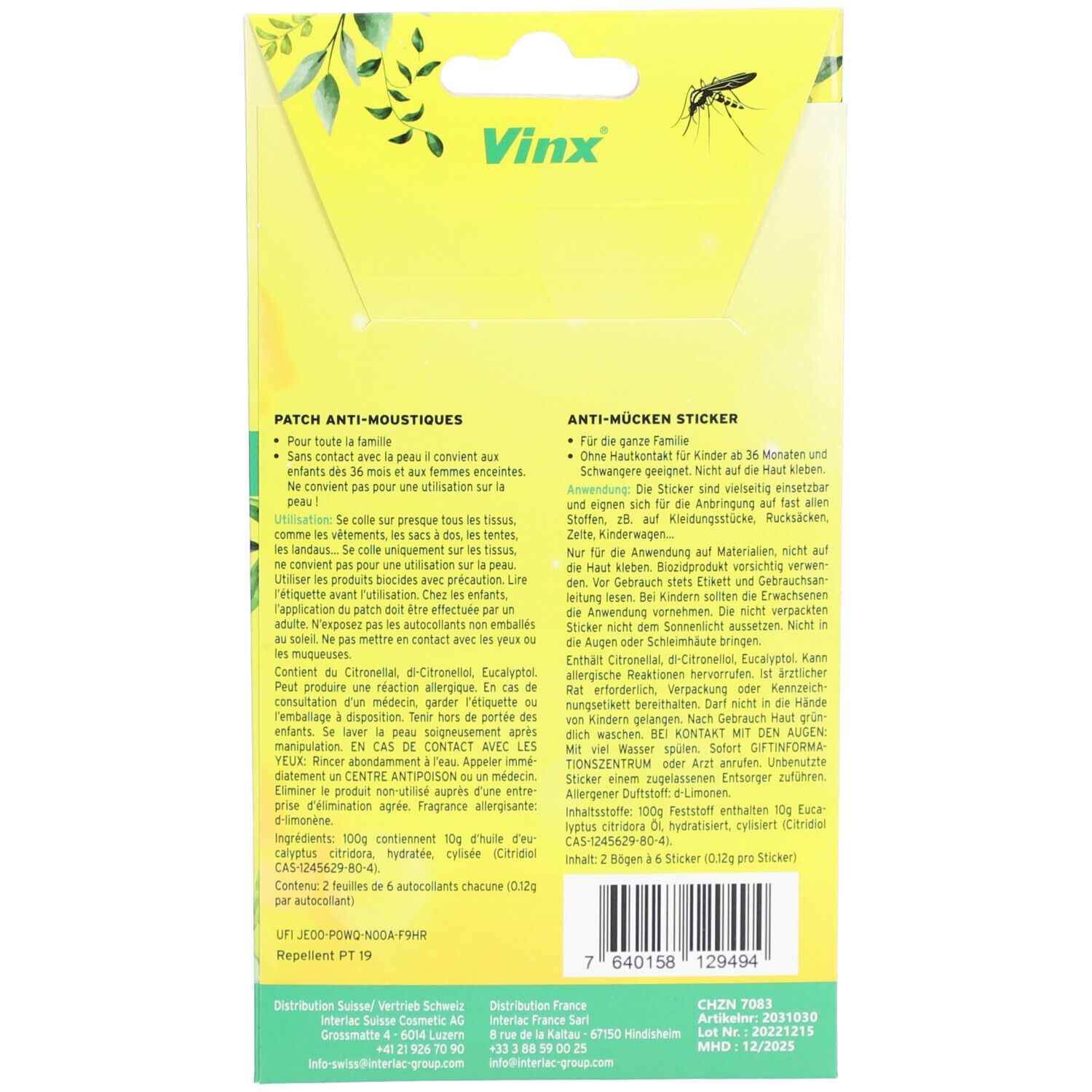 Rückseite der VINX Anti-Mücken-Sticker-Verpackung. Gelber Hintergrund mit Produktinformationen, Gebrauchsanweisung und Barcode.