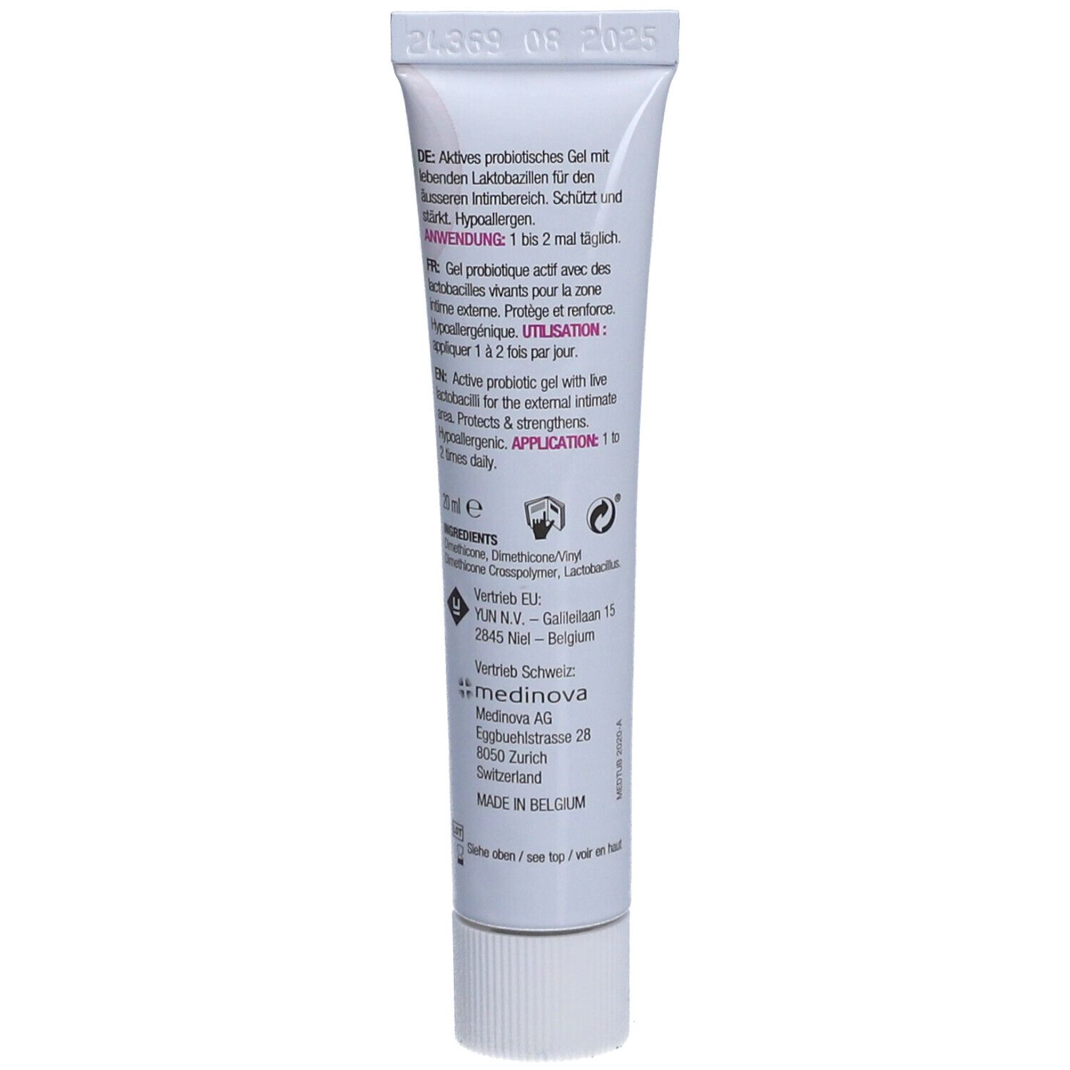 Rückseite einer Tube Gynoflorelle VGN Gel. Enthält Text in Deutsch, Französisch und Englisch. Enthält Inhaltsstoffe und Herstellerinformationen.