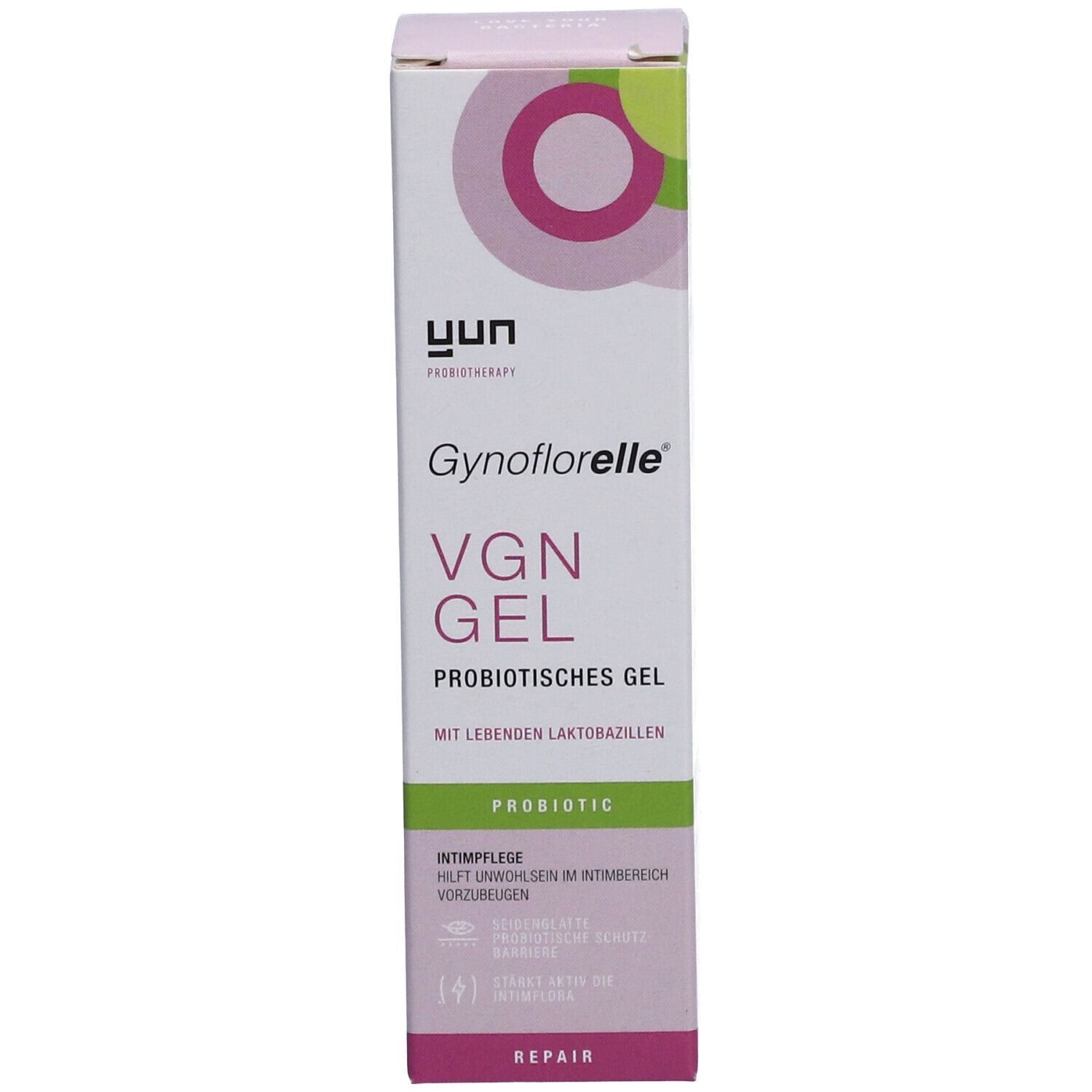 Verpackung von Gynoflorelle VGN Gel. Weiß, rosa und grün. Schriftzug: Probiotisches Gel, mit lebenden Laktobazillen.