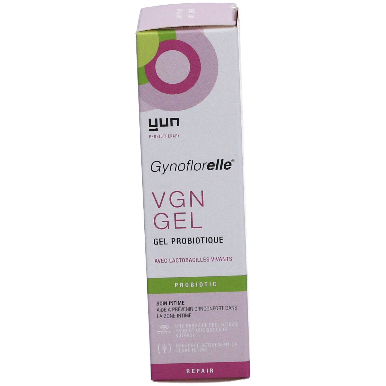 Verpackung von Gynoflorelle VGN Gel. Weiß, rosa und grün. Schriftzug: Probiotisches Gel, mit lebenden Laktobazillen.