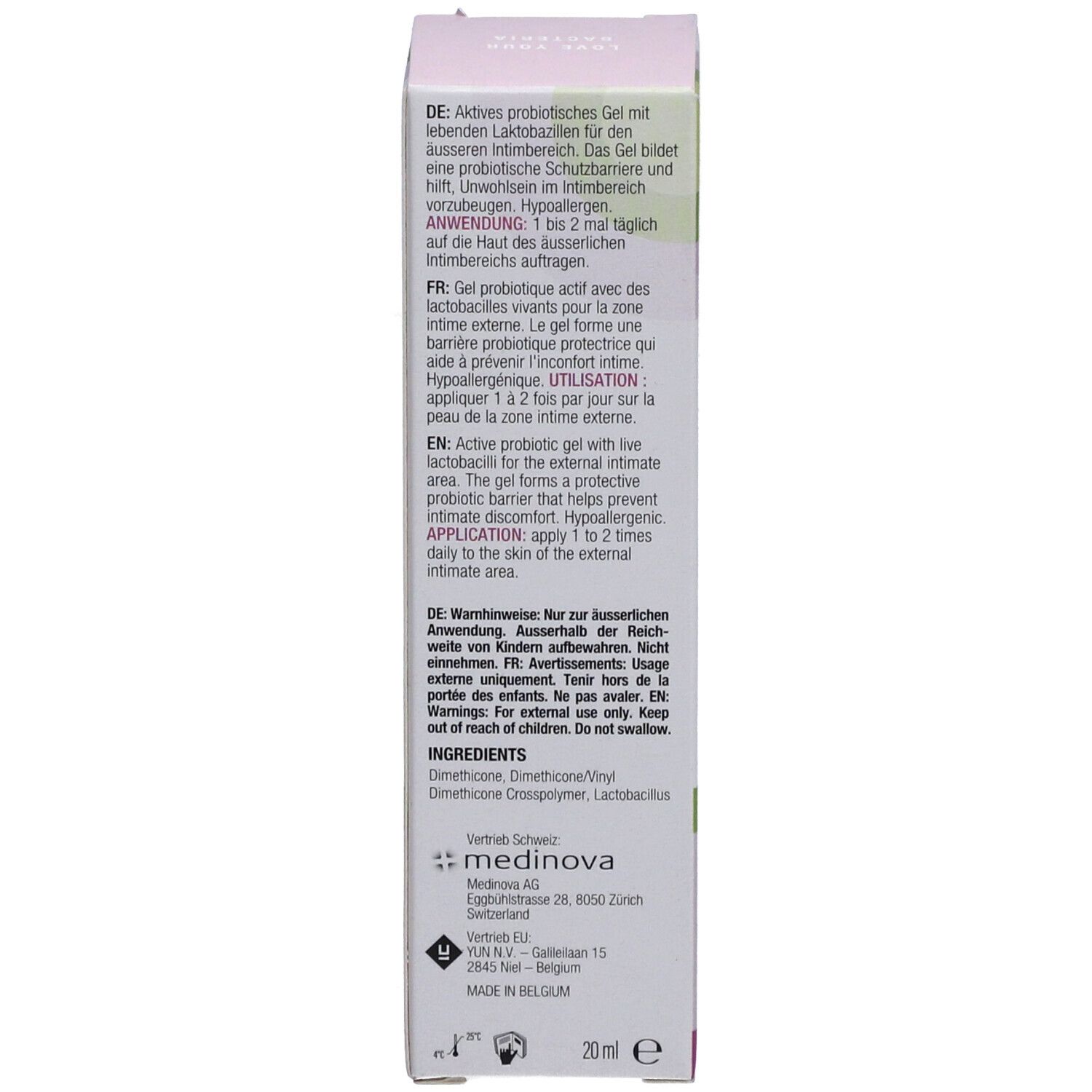 Rückseite der Verpackung von Gynoflorelle VGN Gel. Enthält Text in Deutsch, Französisch und Englisch. Enthält Inhaltsstoffe und Herstellerinformationen.