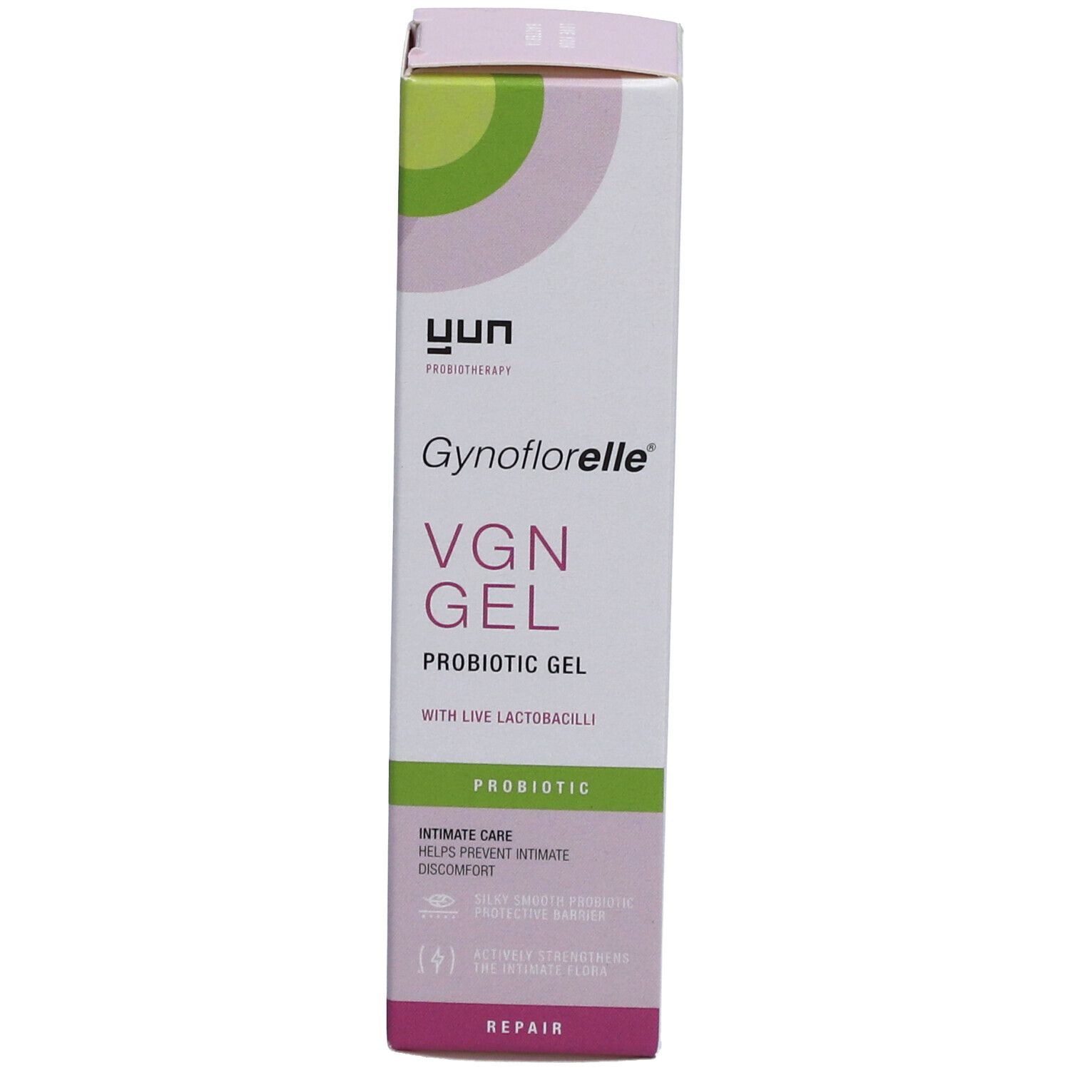 Verpackung von Gynoflorelle VGN Gel. Weiß, rosa und grün. Schriftzug: Intimate Care, hilft, Beschwerden vorzubeugen.