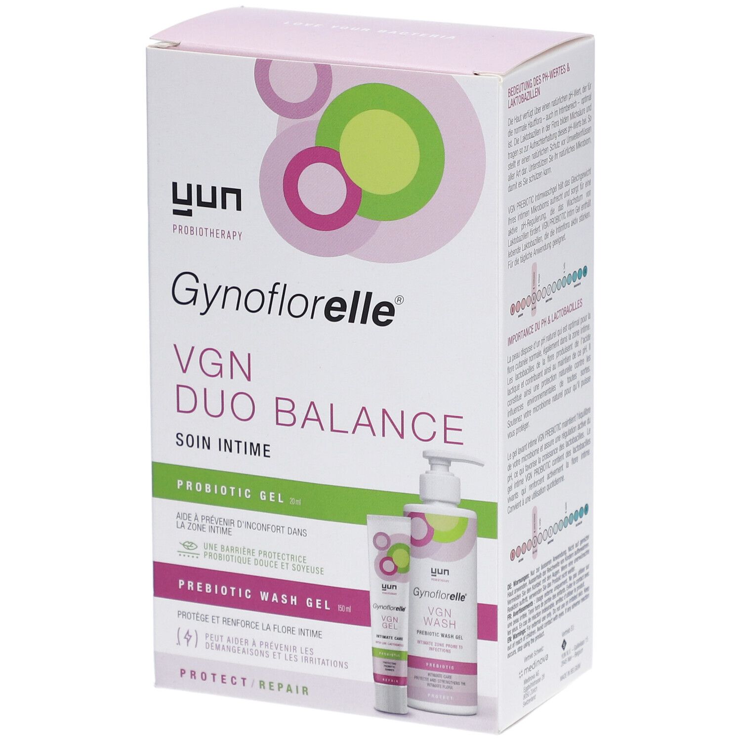 Verpackung von Gynoflorelle VGN Duo Balance. Enthält Probiotisches Gel und präbiotisches Waschgel. Rosa, weiß und grün.