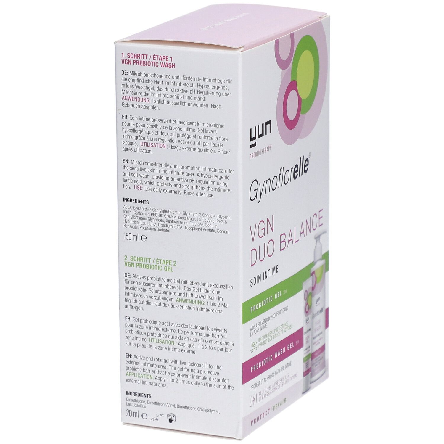 Verpackung von Gynoflorelle VGN Duo Balance. Text mit Inhaltsstoffen und Anwendungshinweisen. Rosa, weiß und grün.