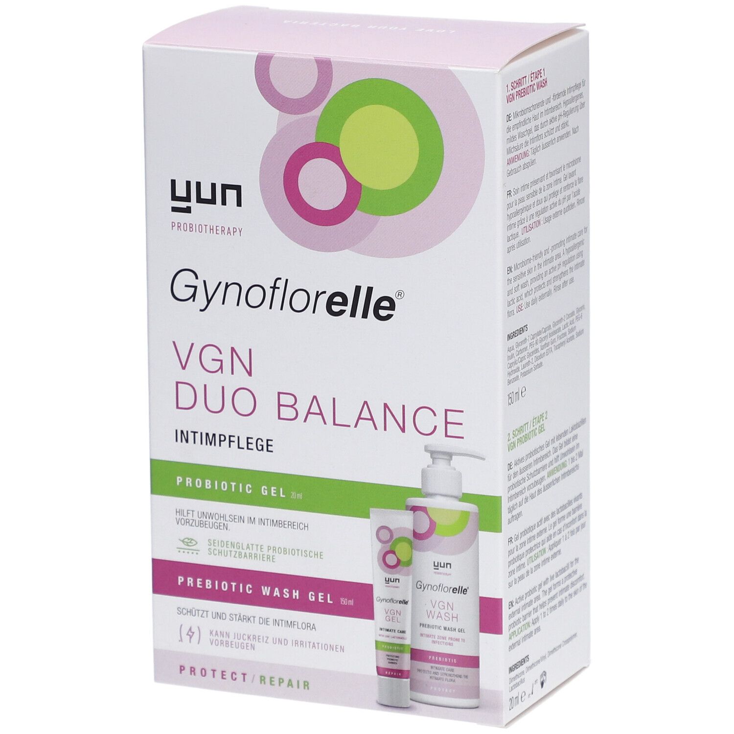 Verpackung von Gynoflorelle VGN Duo Balance. Enthält Probiotisches Gel und präbiotisches Waschgel. Rosa, weiß und grün.
