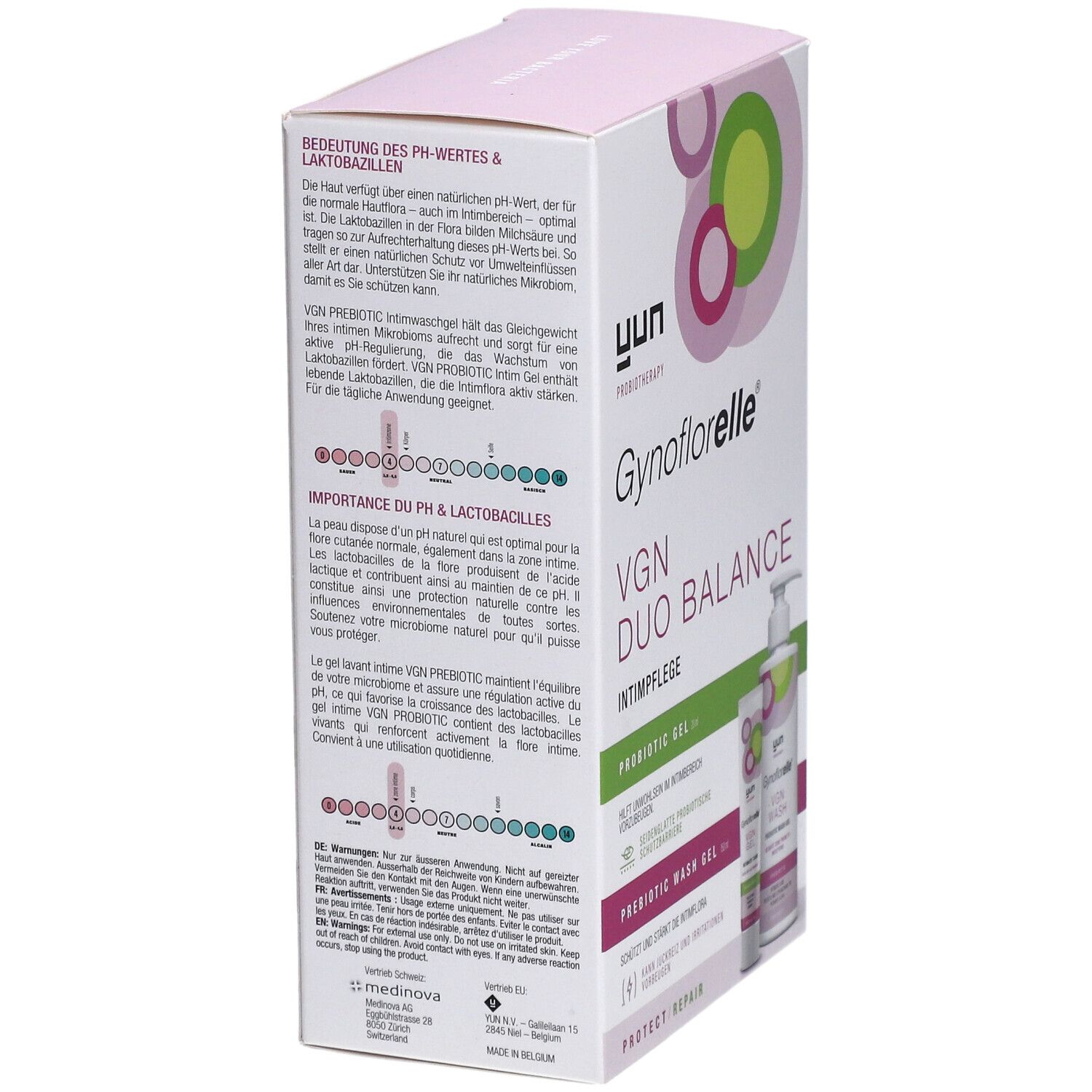 Verpackung von Gynoflorelle VGN Duo Balance. Text über pH-Werte und Laktobazillen. Rosa, weiß und grün.