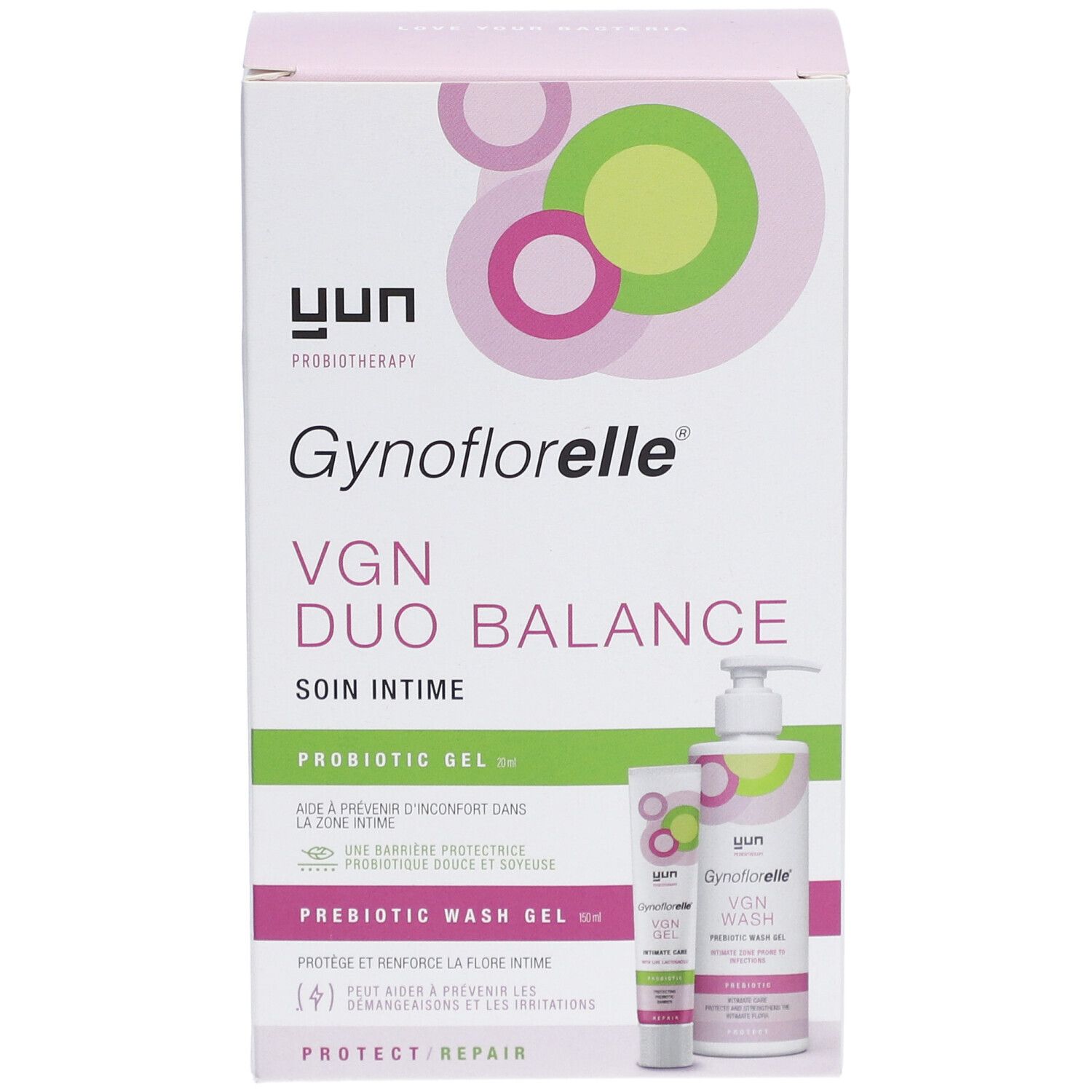 Verpackung von Gynoflorelle VGN Duo Balance. Enthält Probiotisches Gel und präbiotisches Waschgel. Rosa, weiß und grün.