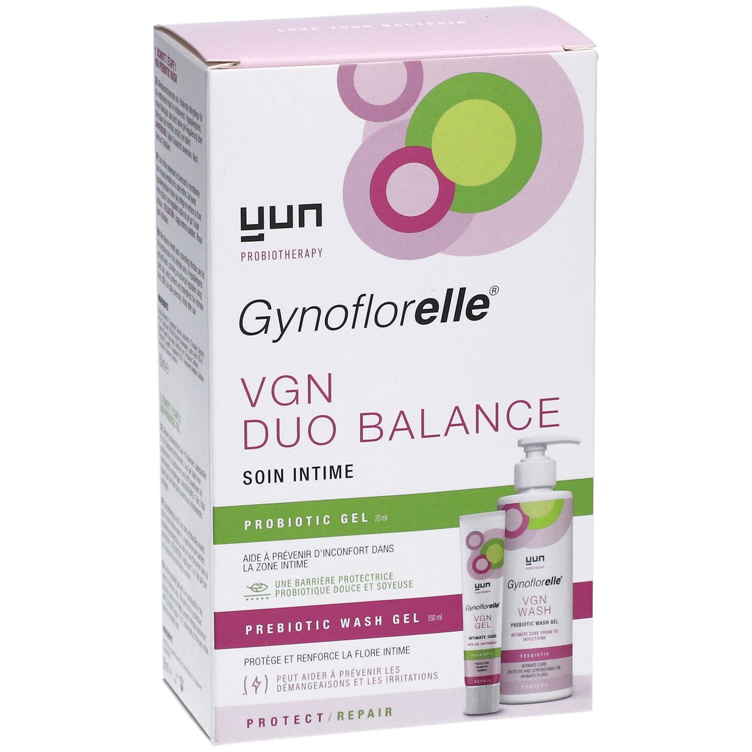 Verpackung von Gynoflorelle VGN Duo Balance. Enthält Probiotisches Gel und präbiotisches Waschgel. Rosa, weiß und grün.