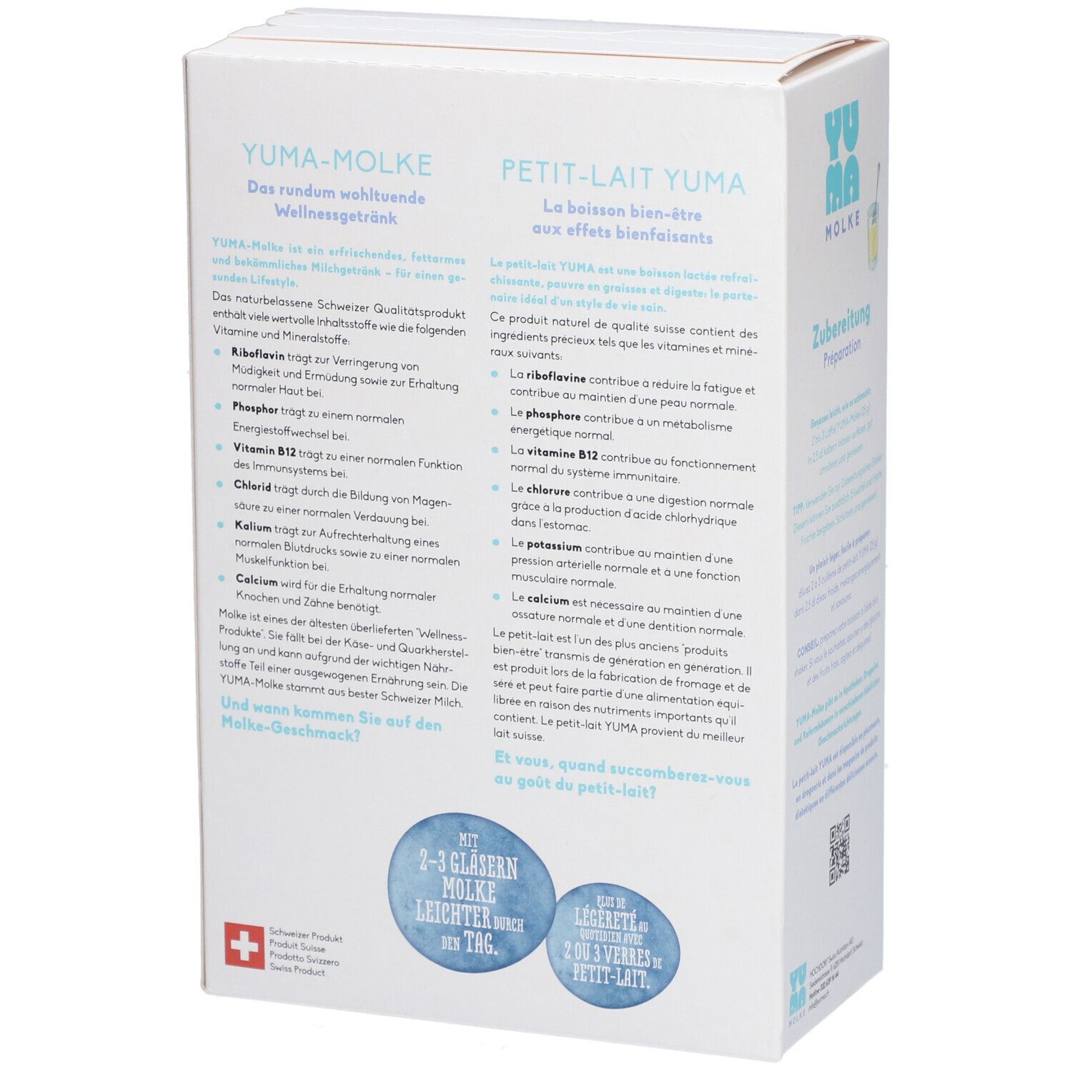 Rückseite der "YUMA Molke Shake"-Verpackung. Text über Inhaltsstoffe, Nährwerte, Swiss Product-Logo.