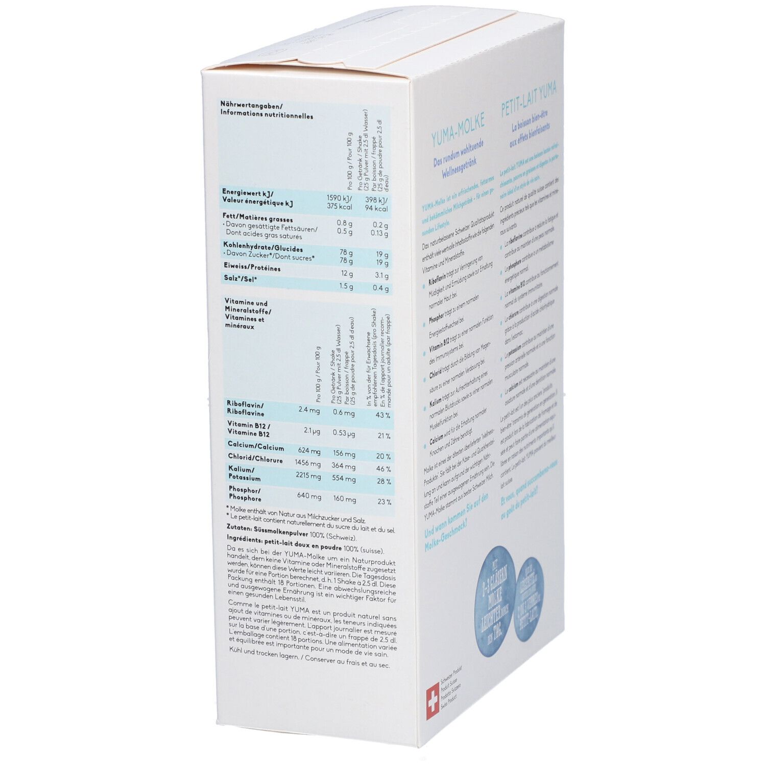 Rückseite der "YUMA Molke Shake"-Verpackung. Nährwertangaben, Vitamin- und Mineralstofftabelle, Swiss Product-Logo.