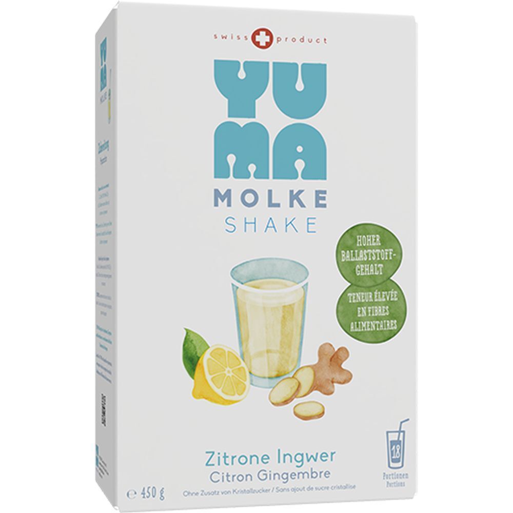 Verpackung mit YUMA Molke Shake. Zitrone-Ingwer-Geschmack. Abbildung von Zitrone, Ingwer und Getränk im Glas. Schweizer Produkt.