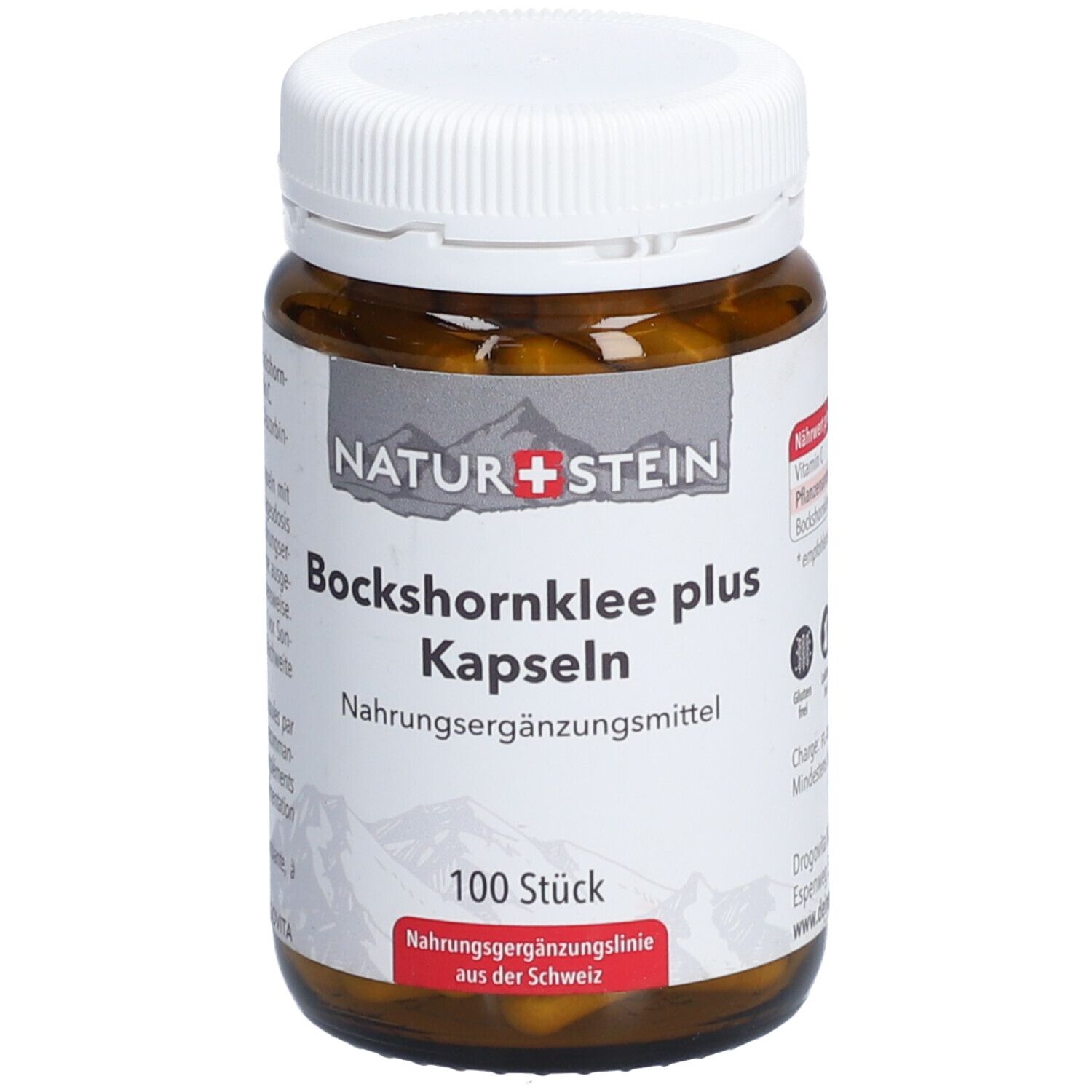 Braune Glasflasche mit weißen Deckel. Etikett mit Produktnamen, Marke und Inhaltsangabe. 100 Stück.