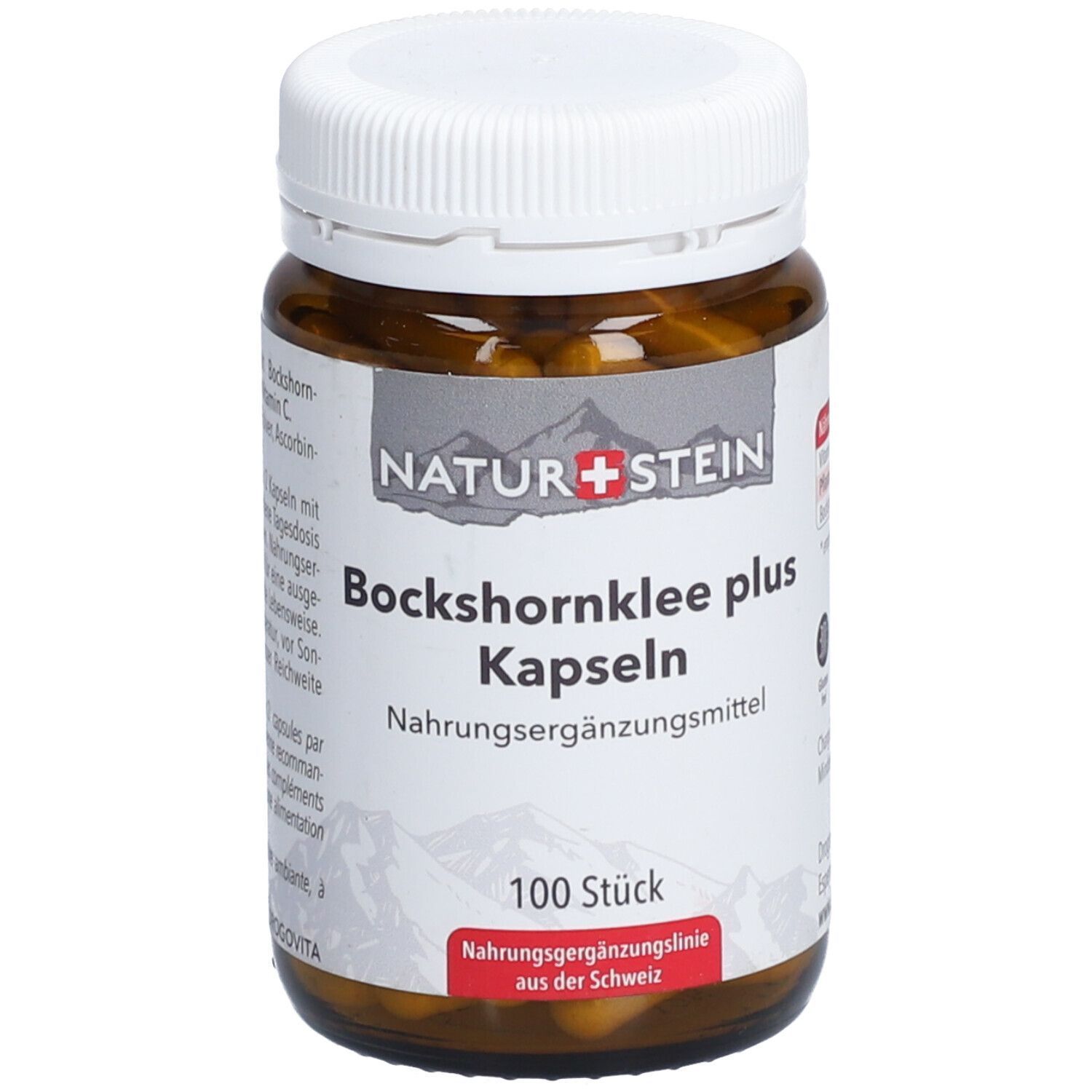 Braune Glasflasche mit weißem Deckel. Etikett mit Produktnamen, Marke und Inhaltsangabe. 100 Stück.