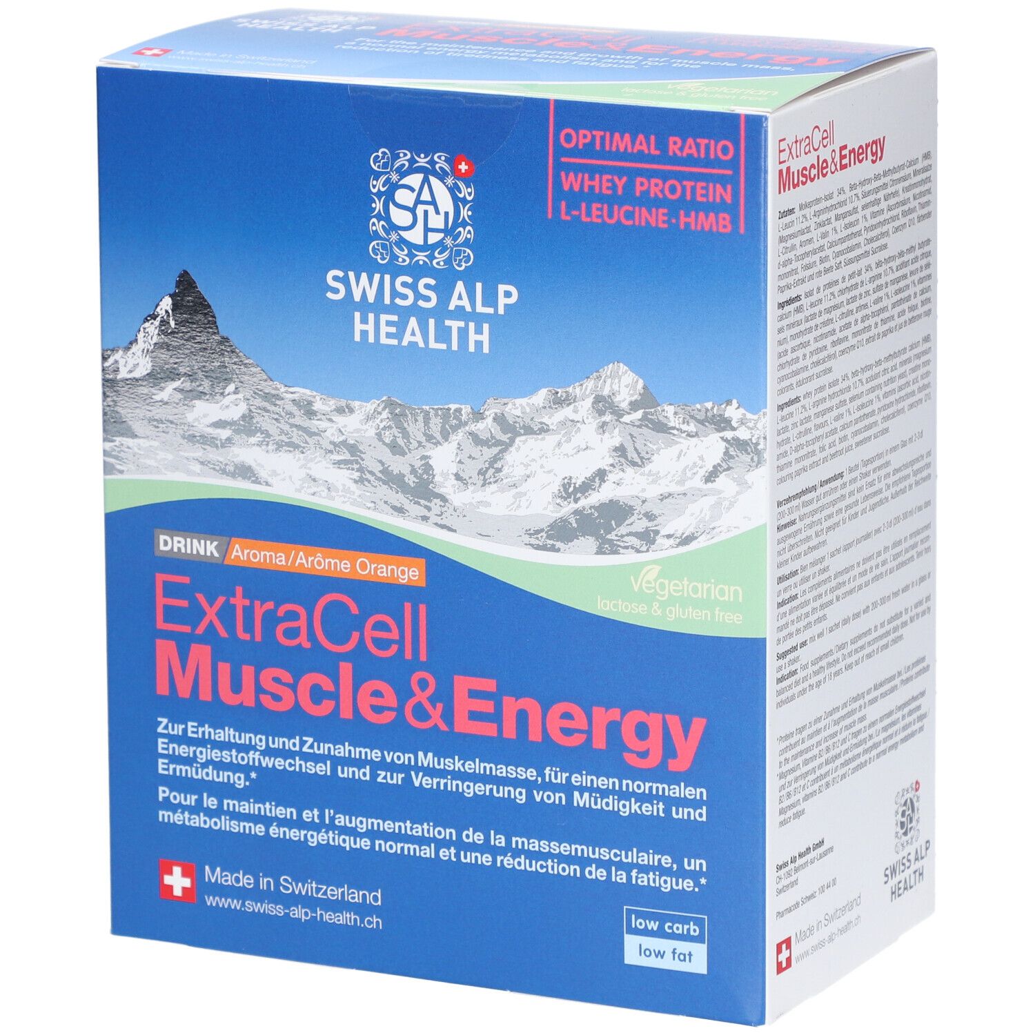 Boîte bleue et blanche ExtraCell Muscle&Energy. Texte en allemand et français. Logo Swiss Alp Health. Saveur orange, sans gluten.
