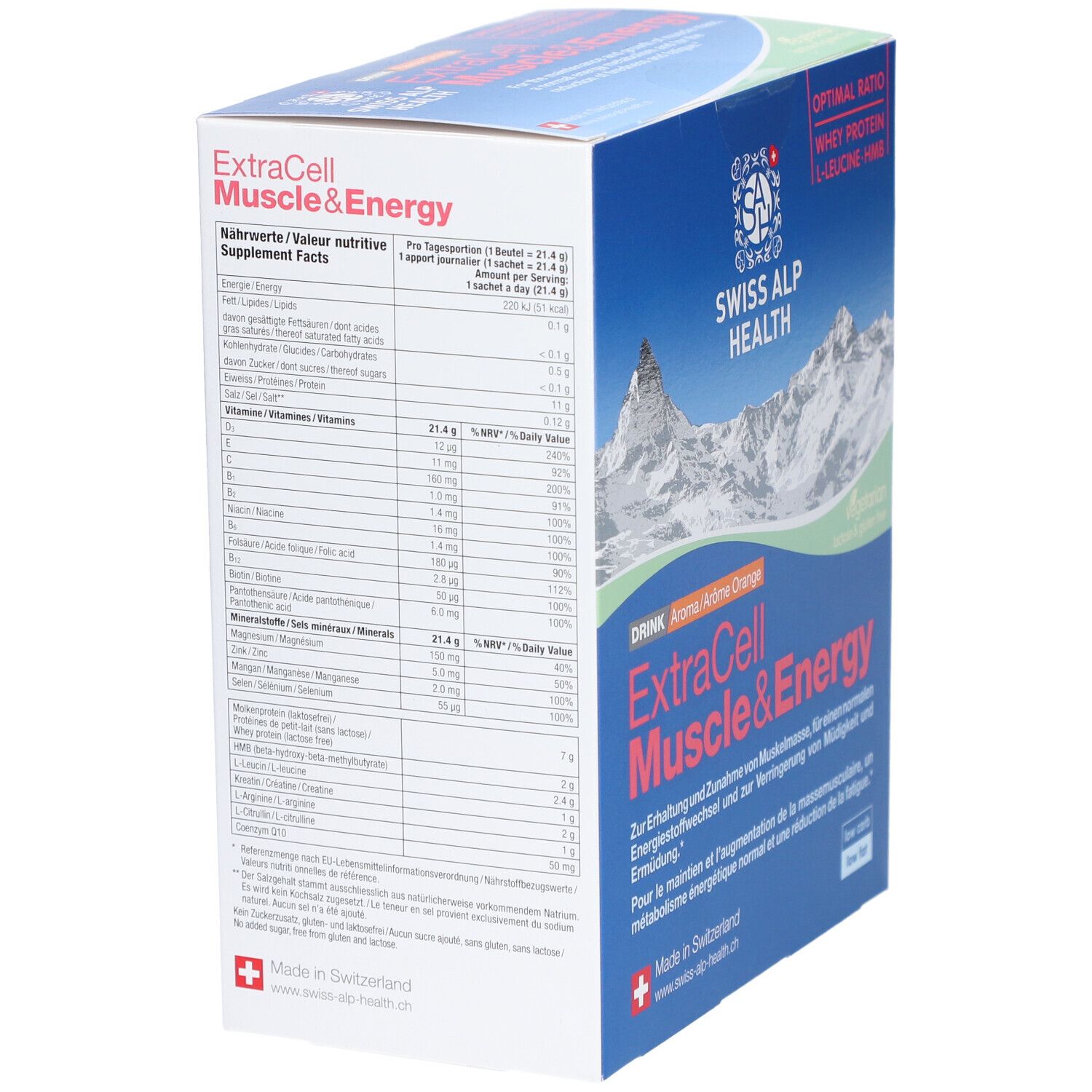 Emballage du produit avec informations nutritionnelles. Texte en allemand et français. Logo Swiss Alp Health. Fond: paysage de montagne.