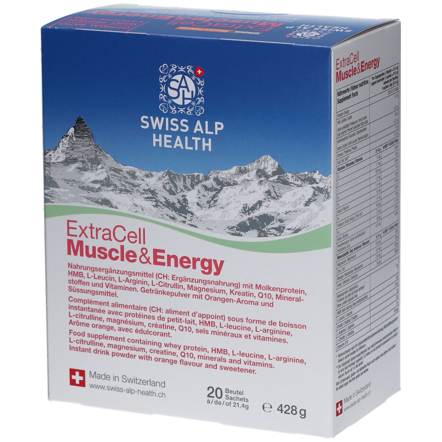 Emballage du produit avec texte: ExtraCell Muscle&Energy. Contient 20 sachets. Logo Swiss Alp Health. Fond: paysage de montagne.