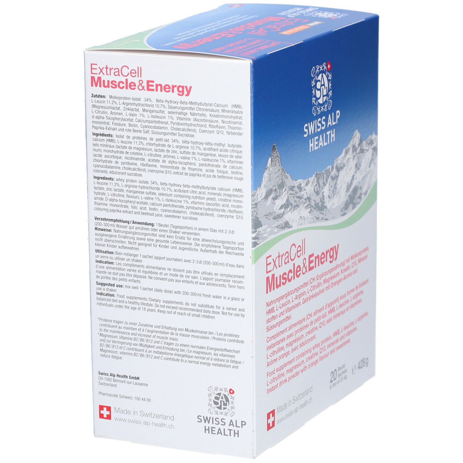 Emballage du produit avec texte: ExtraCell Muscle&Energy. Texte en allemand et français. Logo Swiss Alp Health. Fond: paysage de montagne.