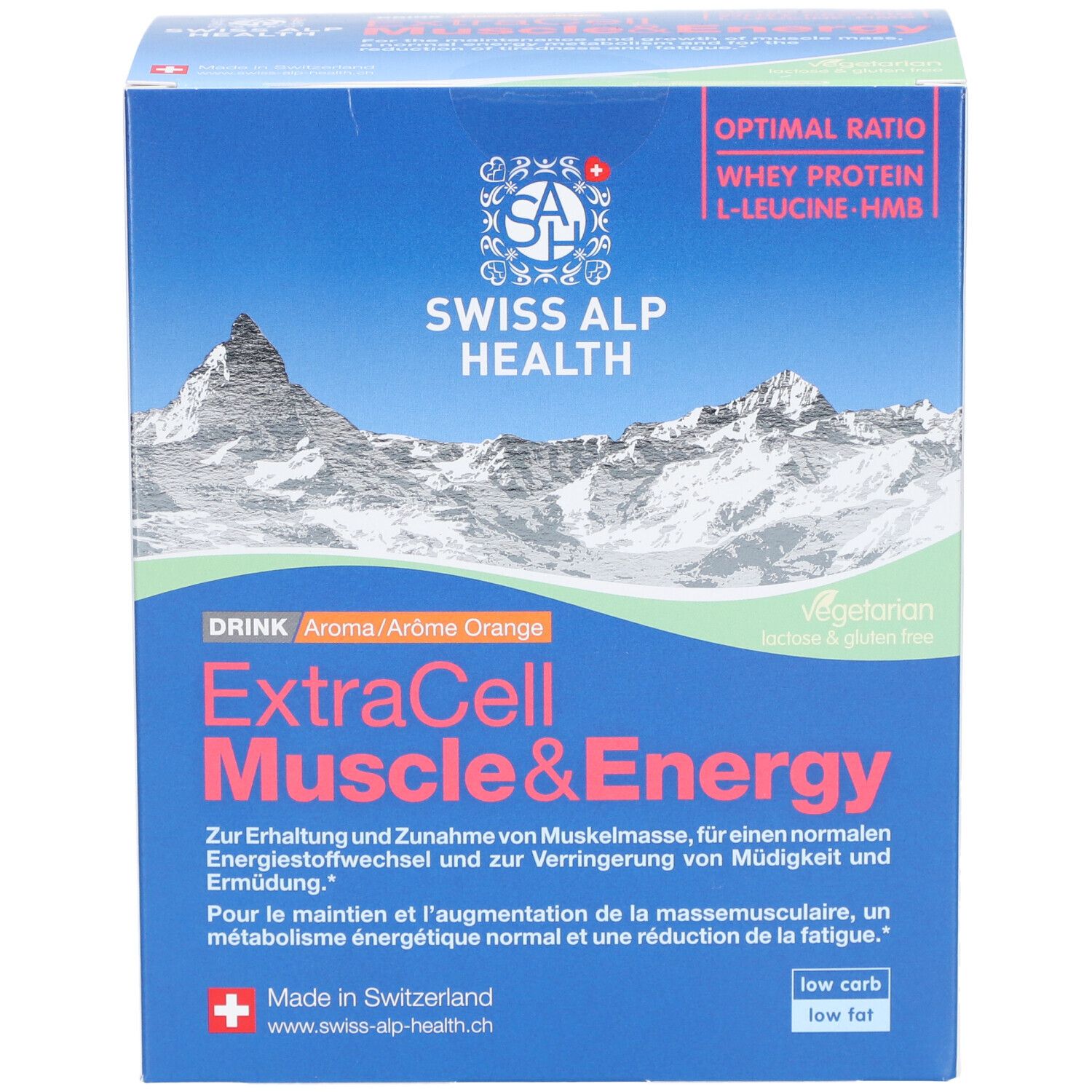Boîte bleue et blanche ExtraCell Muscle&Energy. Texte en allemand et français. Logo Swiss Alp Health. Saveur orange, sans gluten.