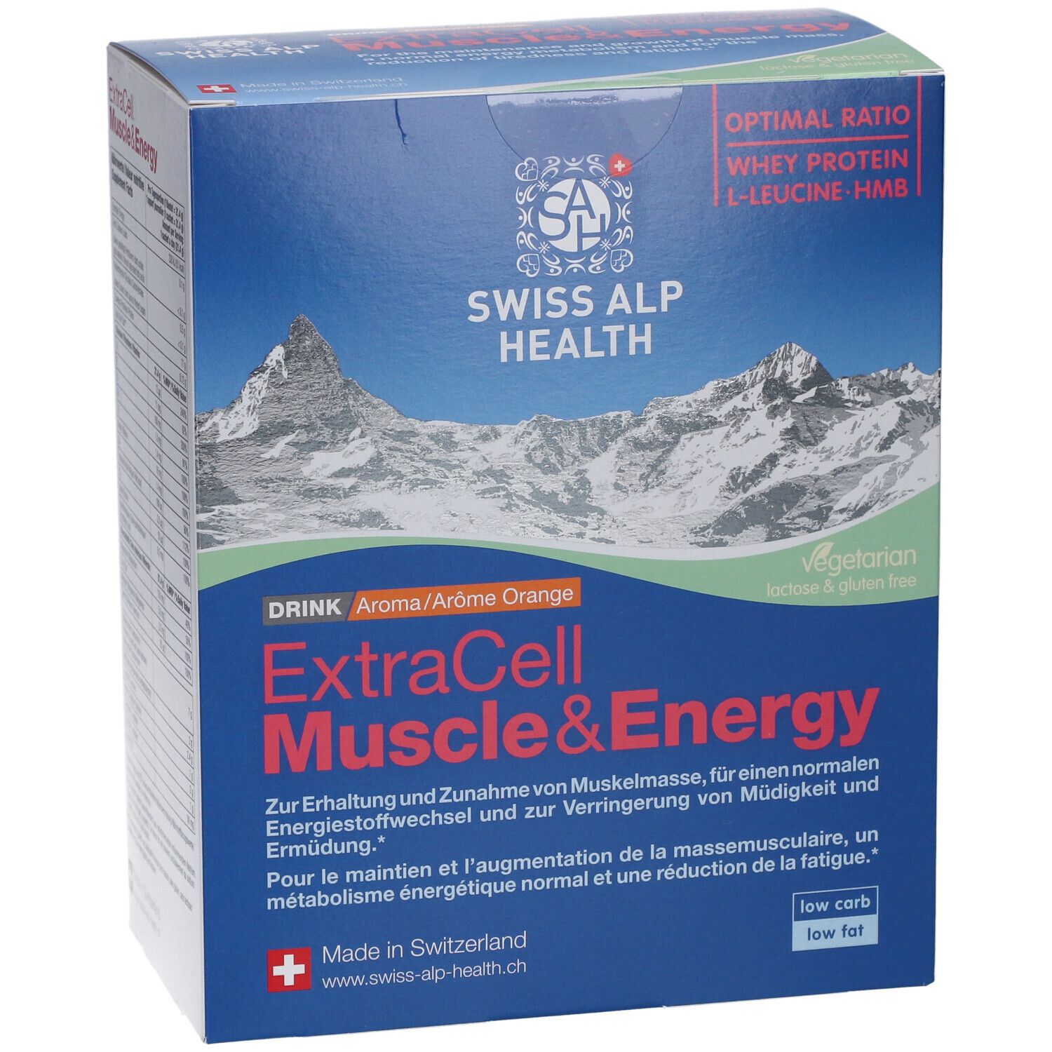 Boîte bleue et blanche ExtraCell Muscle&Energy. Texte en allemand et français. Logo Swiss Alp Health. Saveur orange, sans gluten.