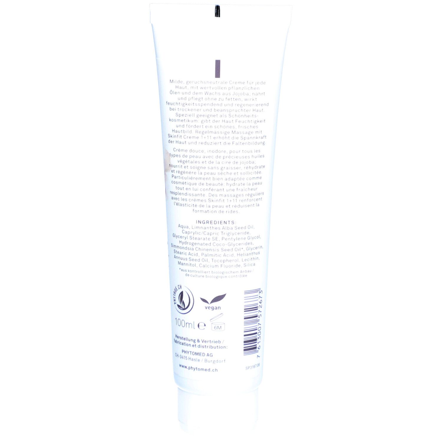 Rückseite einer weißen Tube. Text in mehreren Sprachen. Inhaltsstoffe und Logos: Vegan, 100ml, PHYTOMED.