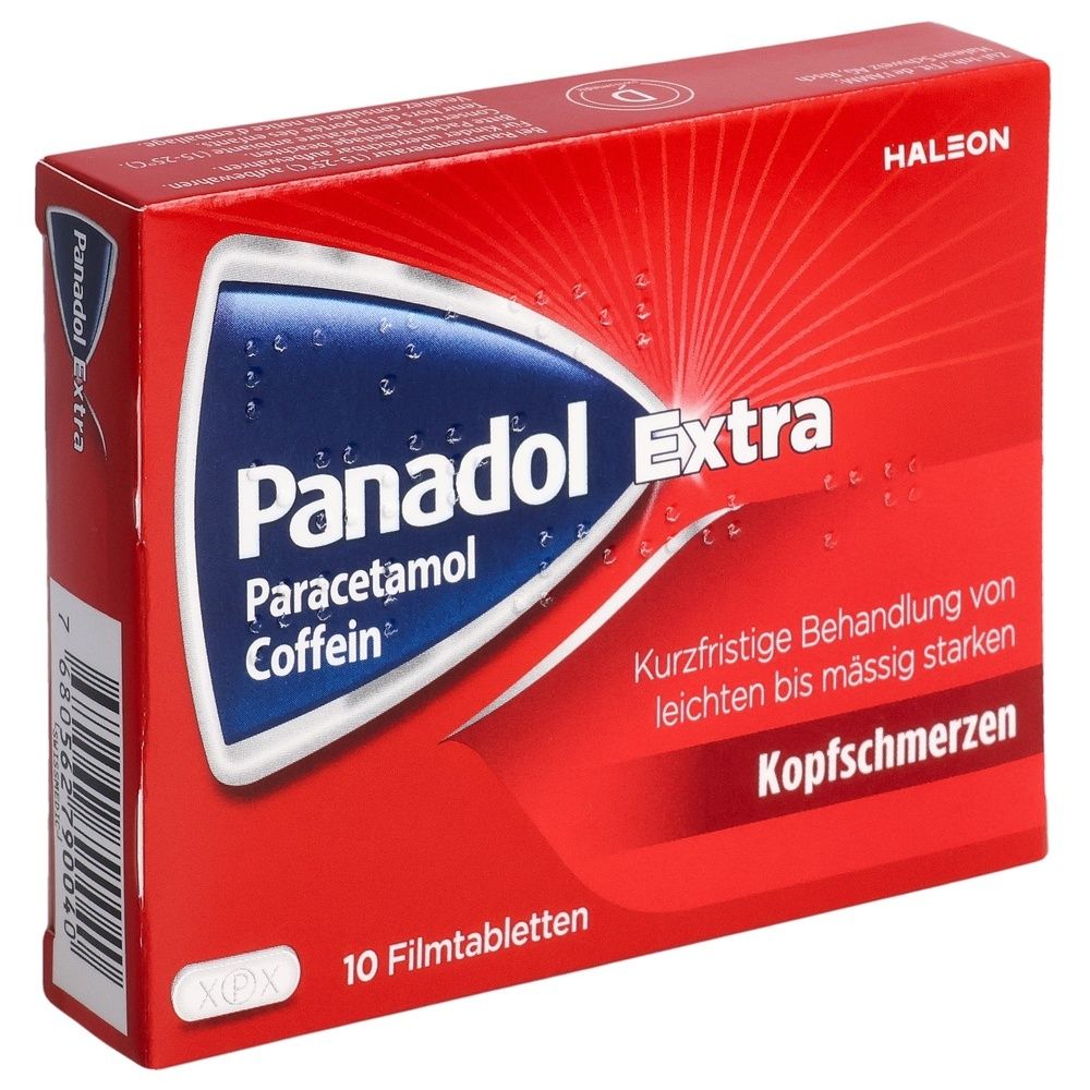 Rote Schachtel mit "Panadol Extra". Enthält 10 Filmtabletten. Aufschrift: Paracetamol, Coffein. Hersteller: Haleon. Für leichte bis mäßig starke Kopfschmerzen.