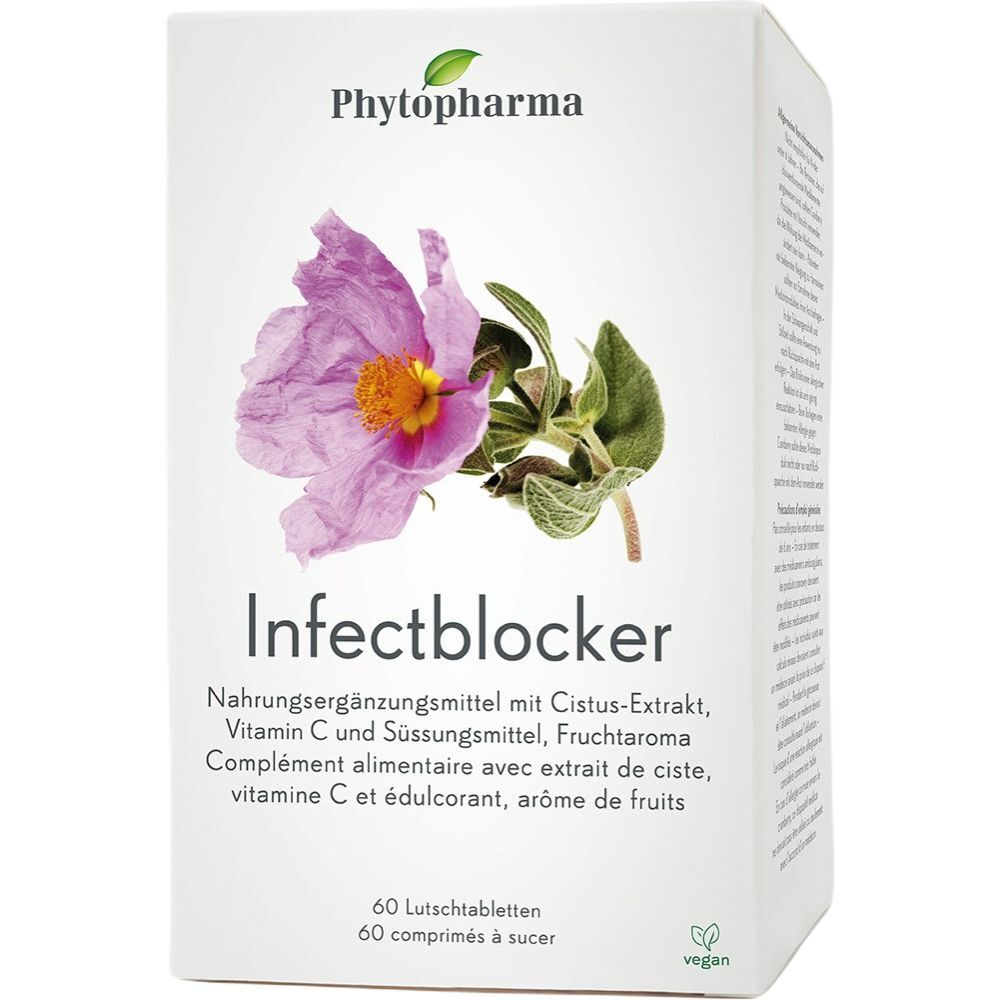 Boîte blanche avec Infectblocker. Logo Phytopharma, image de fleur. Texte: Complément alimentaire, 60 comprimés à sucer.