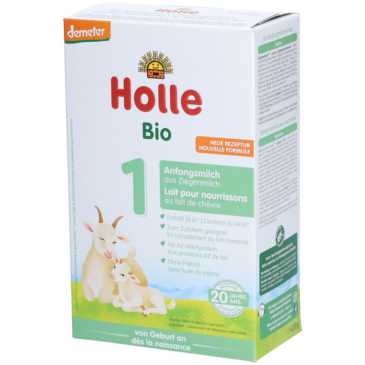 Holle Bio-Anfangsmilch 1 Ziegenmilch, Karton. Demeter-Siegel. Abbildung einer Ziege und eines Zickleins. Text: "von Geburt an".