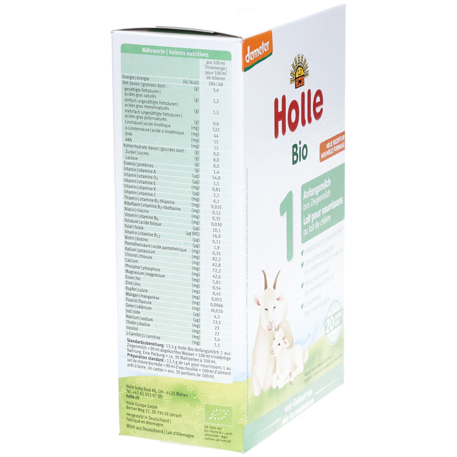 Holle Bio-Anfangsmilch 1 Ziegenmilch, Karton. Nährwerttabelle. Demeter-Logo. Text: "20 Jahre". Rückseite mit Inhaltsangaben.