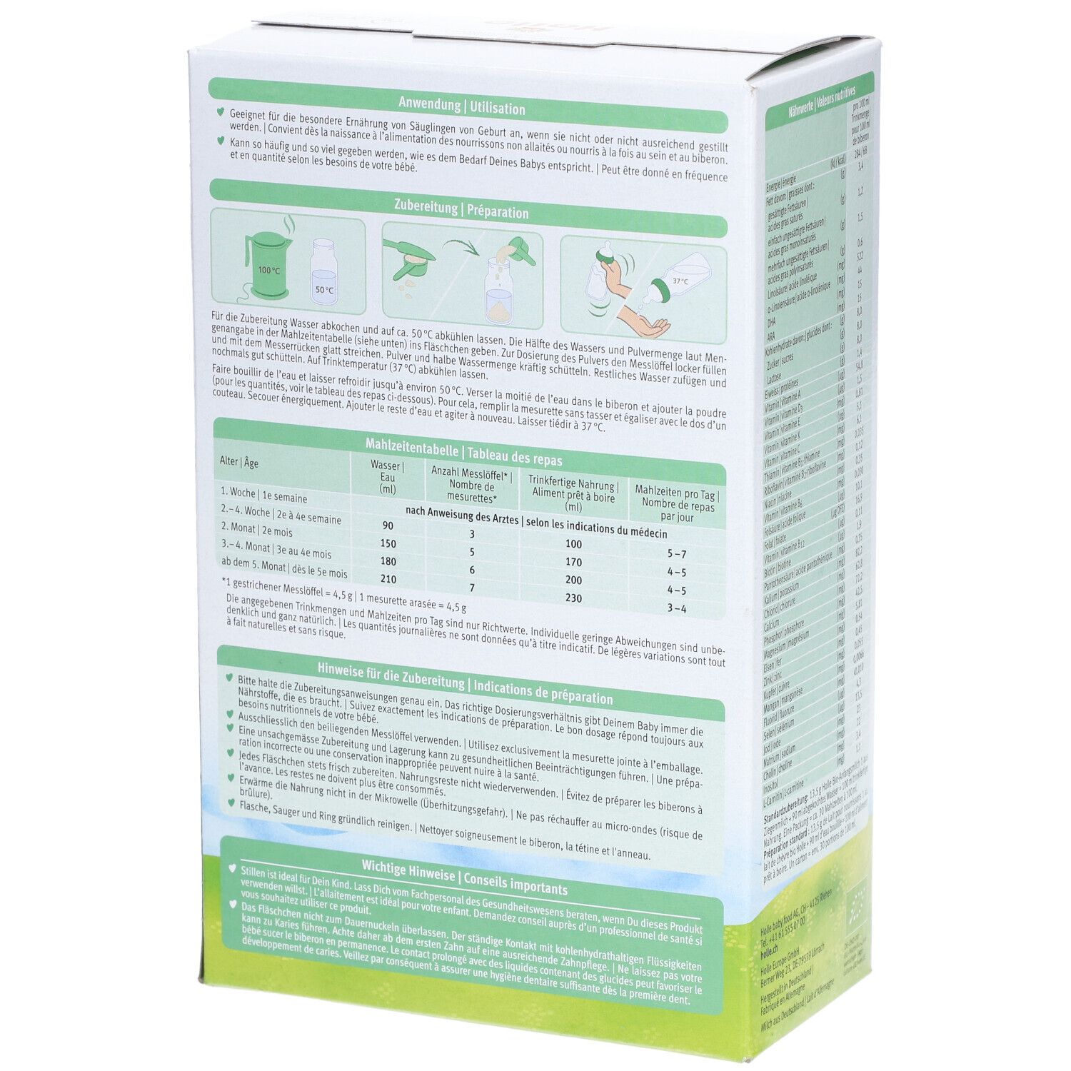 Holle Bio-Anfangsmilch 1 Ziegenmilch, Karton. Anleitung zur Zubereitung. Illustrationen. Text: "Zubereitung".