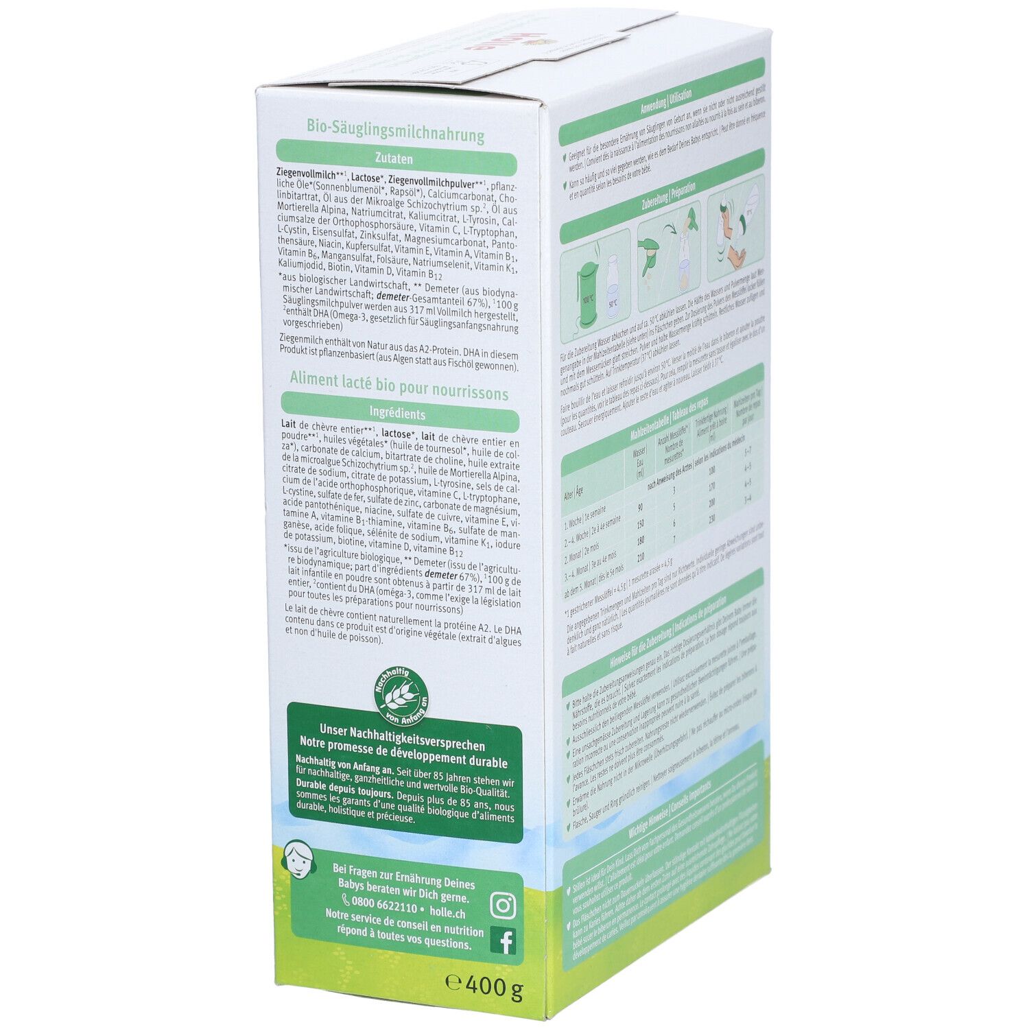 Holle Bio-Anfangsmilch 1 Ziegenmilch, Karton. Inhaltsstoffe. Text: "Aliment lacté bio pour nourrissons". Demeter-Logo. 400g.