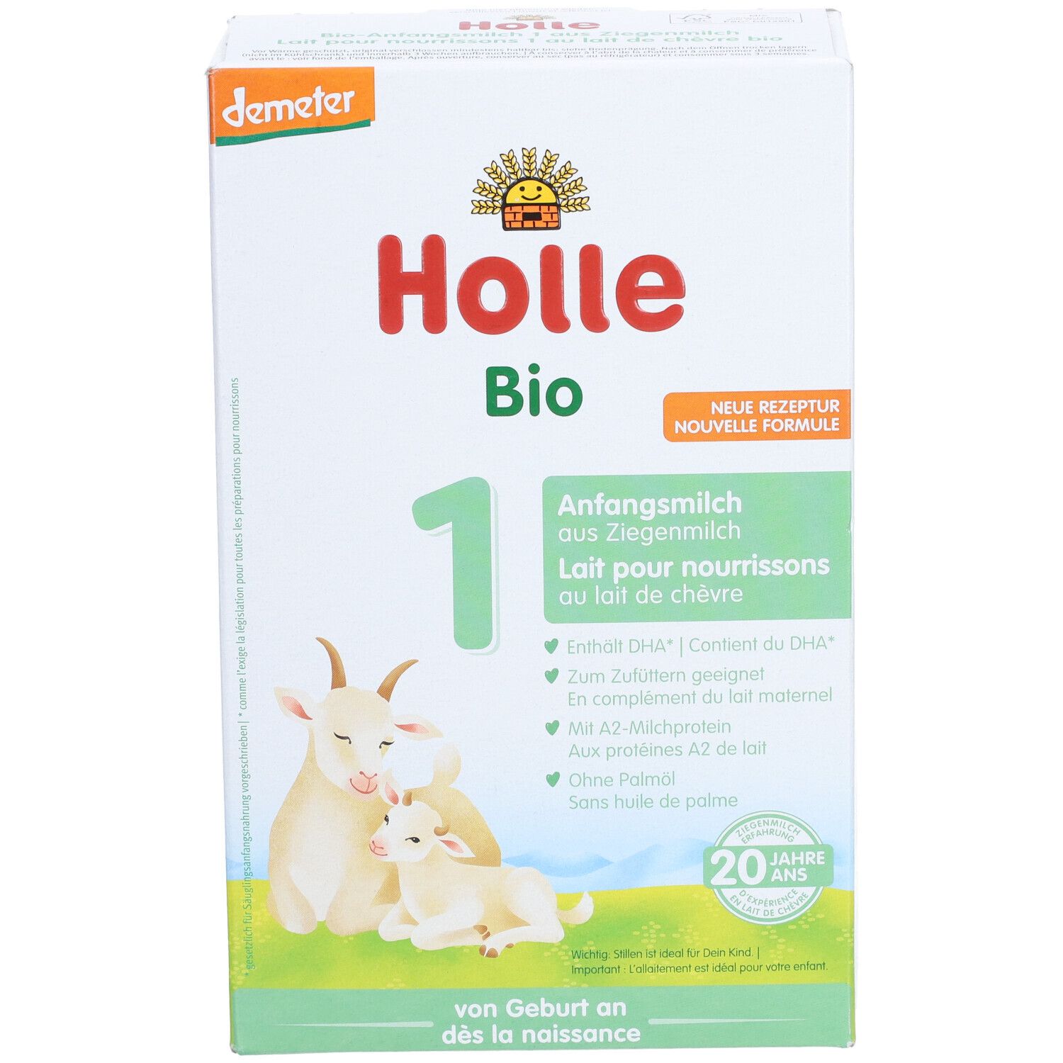 Holle Bio-Anfangsmilch 1 Ziegenmilch, Karton. Demeter-Siegel. Abbildung Ziege und Zicklein. Text: "von Geburt an". "Neue Rezeptur".