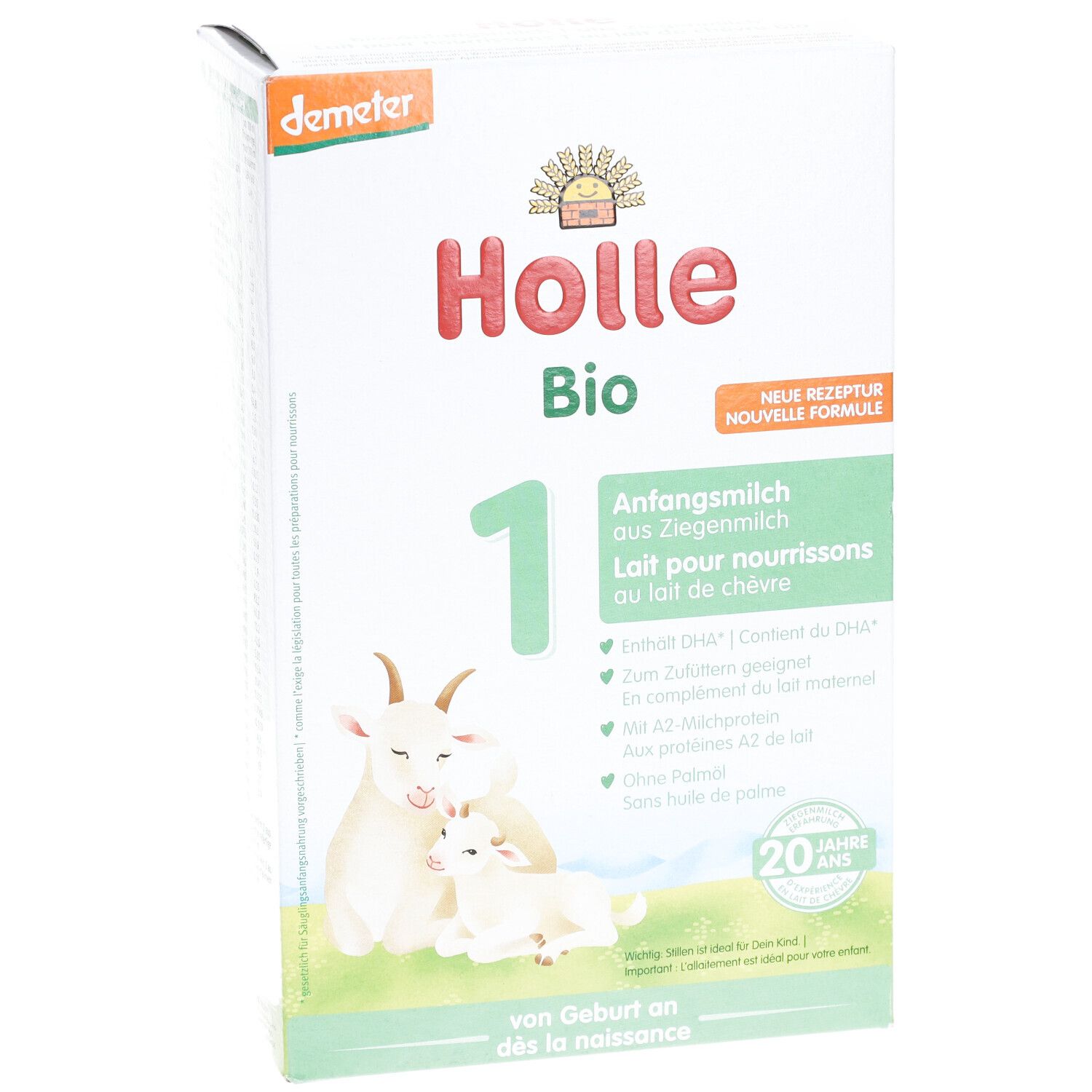 Holle Bio-Anfangsmilch 1 Ziegenmilch, Karton. Demeter-Logo. Text: "Neue Rezeptur". Produktmerkmale. "20 Jahre".