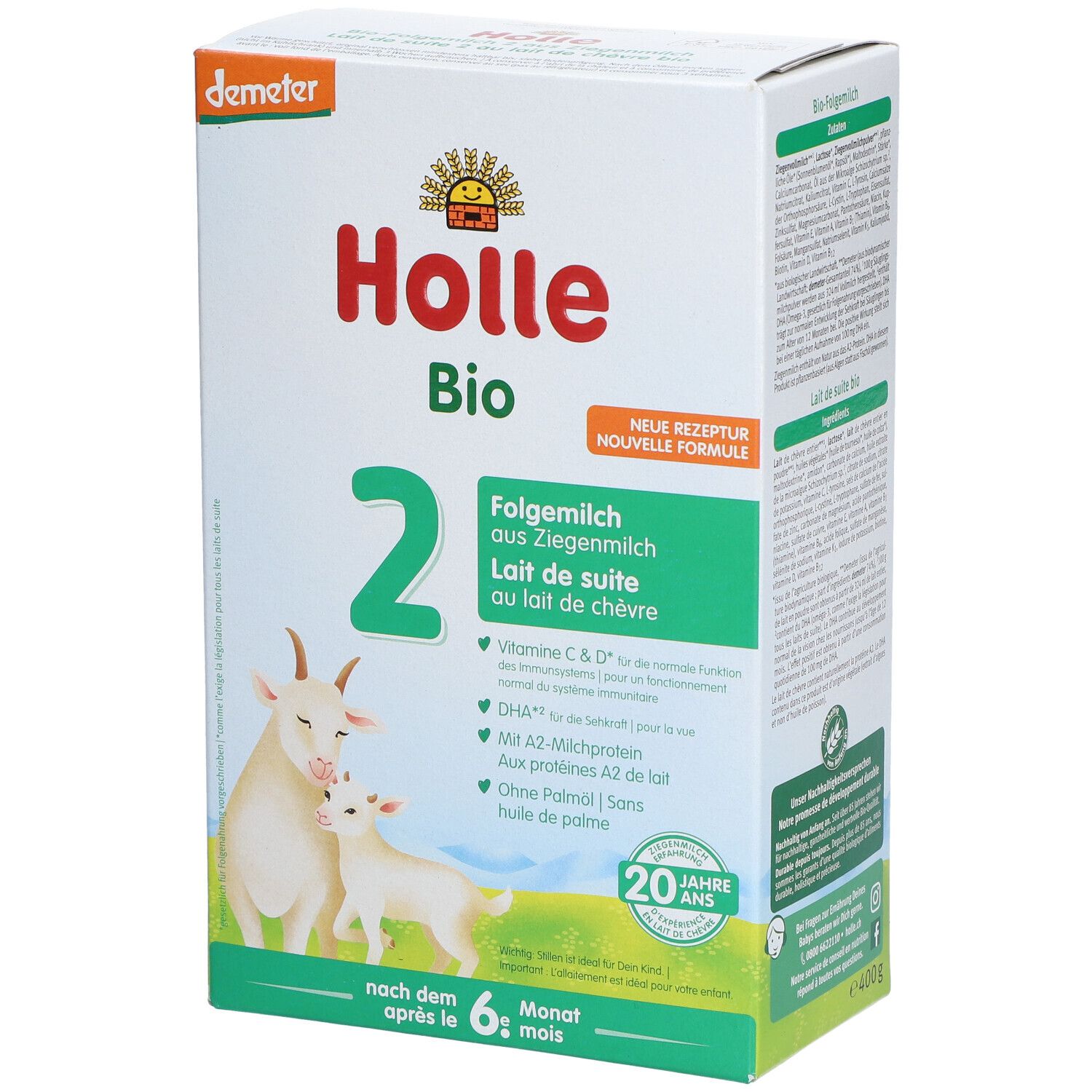 Boîte de lait de suite Holle Bio 2. Face avant avec illustration de chèvres, nom du produit, logo Demeter et texte.
