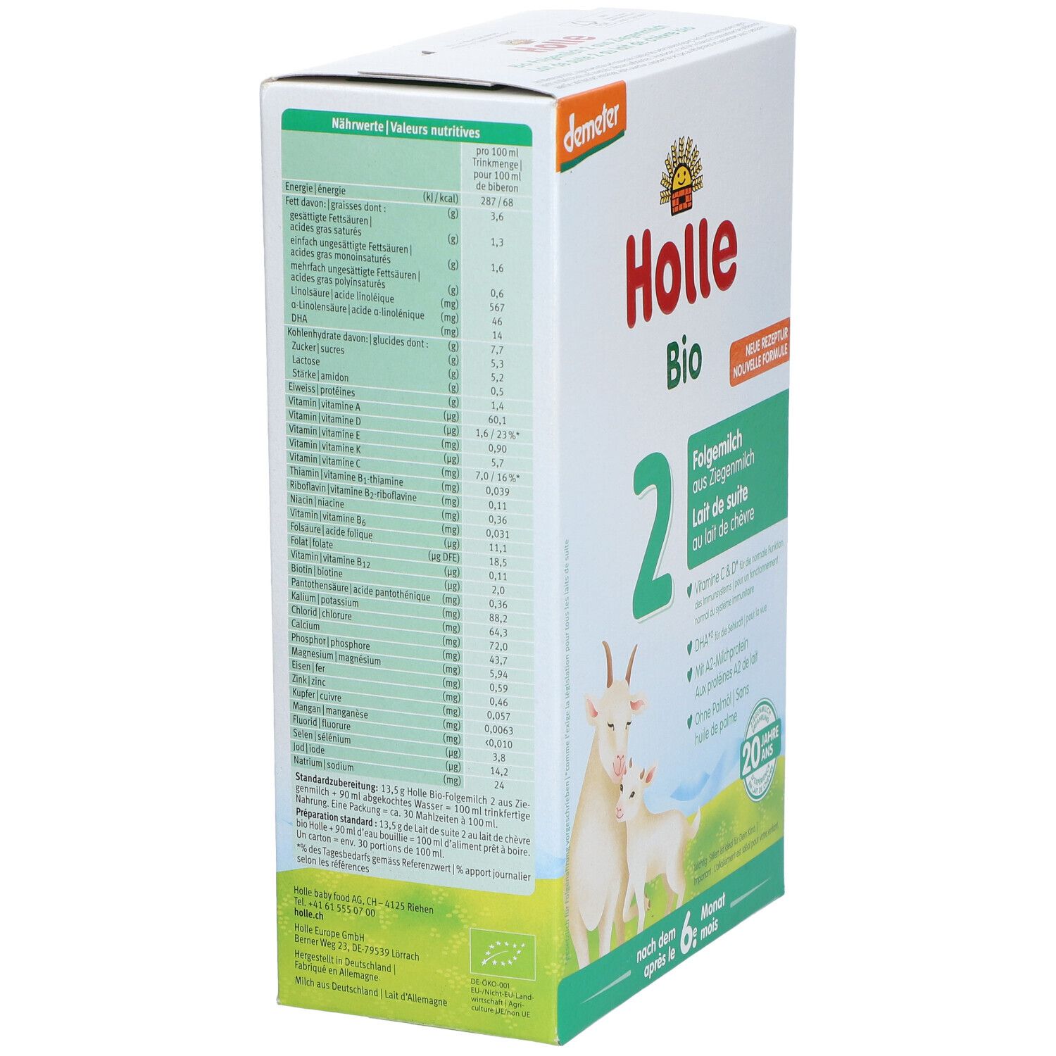 Boîte de lait de suite Holle Bio 2. Côté avec tableau nutritionnel et autres informations sur le produit.