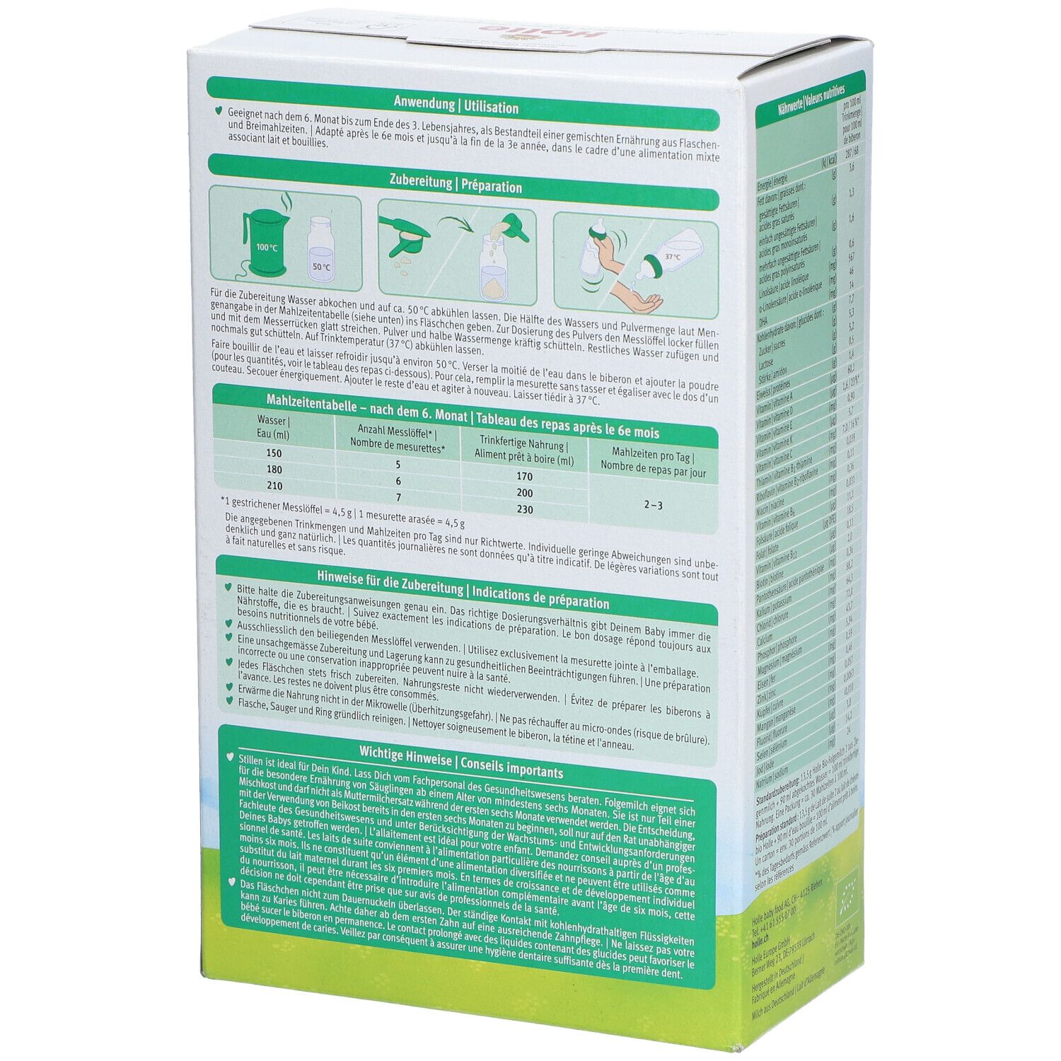 Boîte de lait de suite Holle Bio 2. Dos avec instructions de préparation et autres informations.