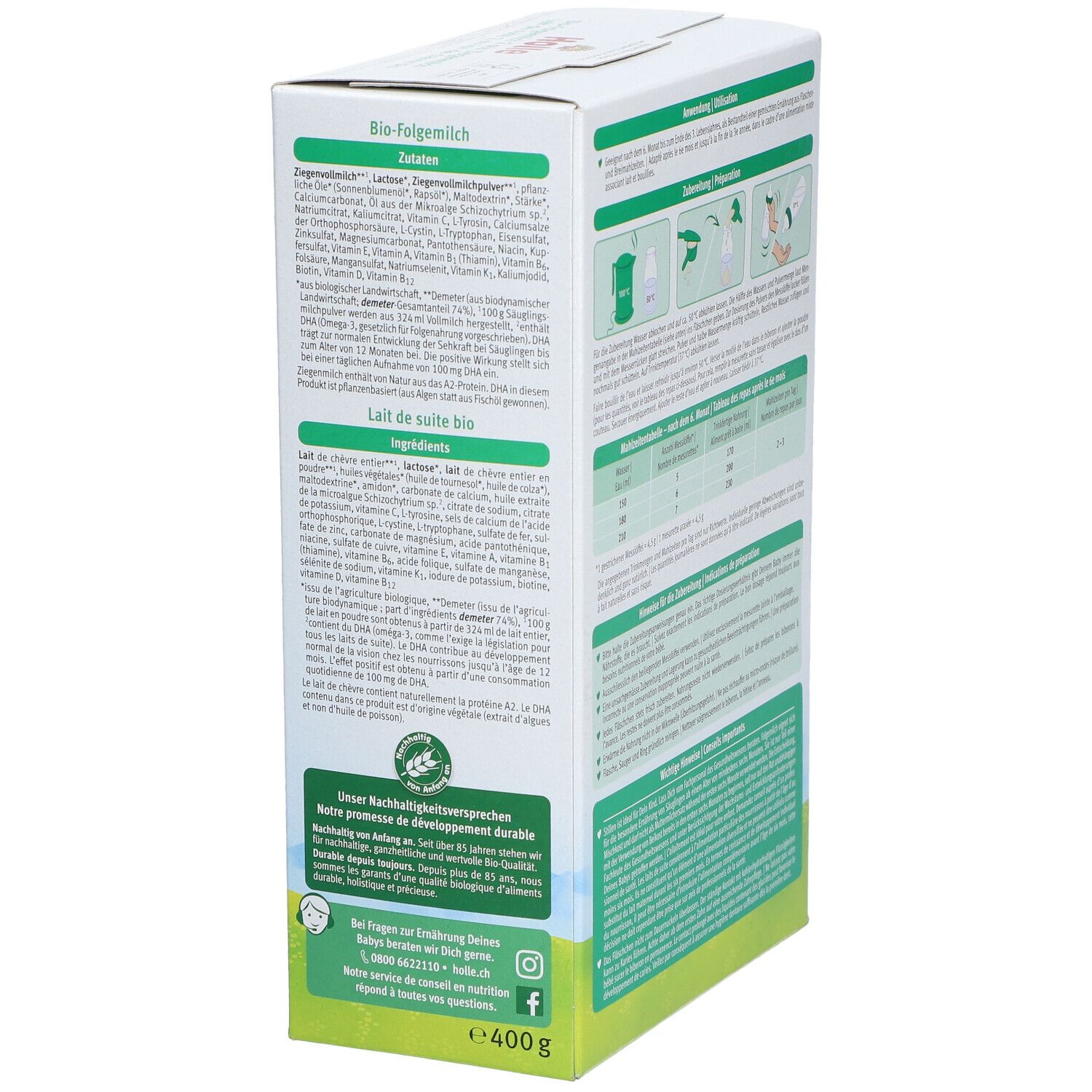 Boîte de lait de suite Holle Bio 2. Côté avec liste des ingrédients et autres informations sur le produit.