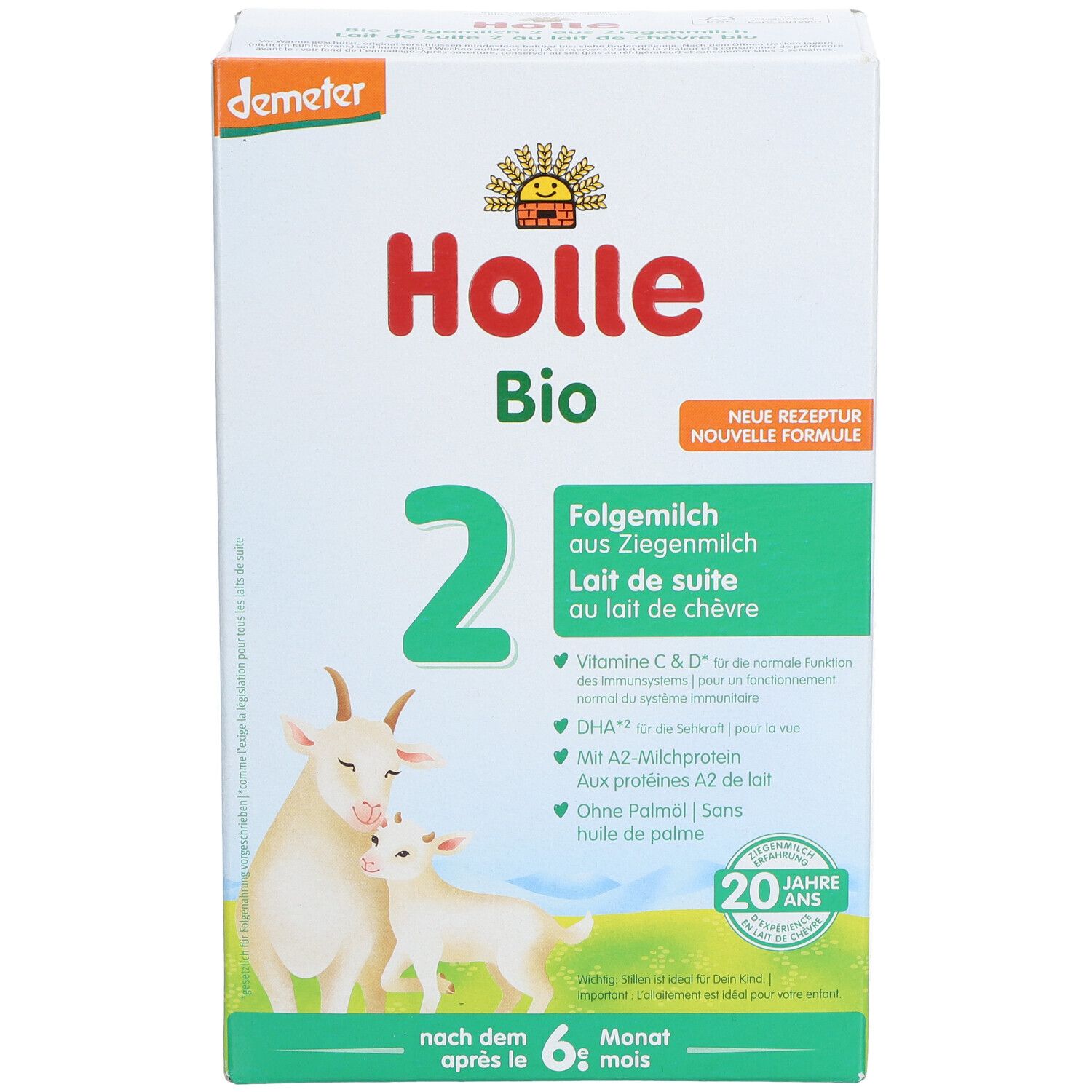 Boîte de lait de suite Holle Bio 2. Vue de face avec nom du produit, illustration de chèvres et texte.