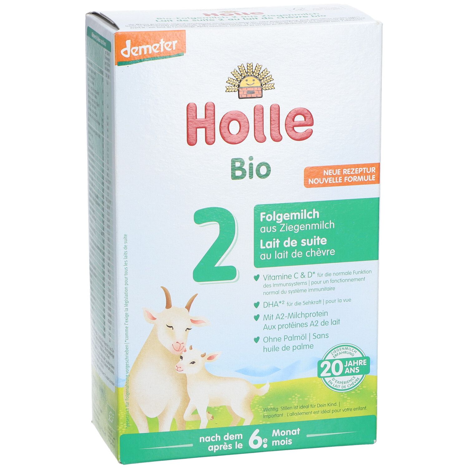 Boîte de lait de suite Holle Bio 2. Vue en biais avec nom du produit, illustration de chèvres et texte.